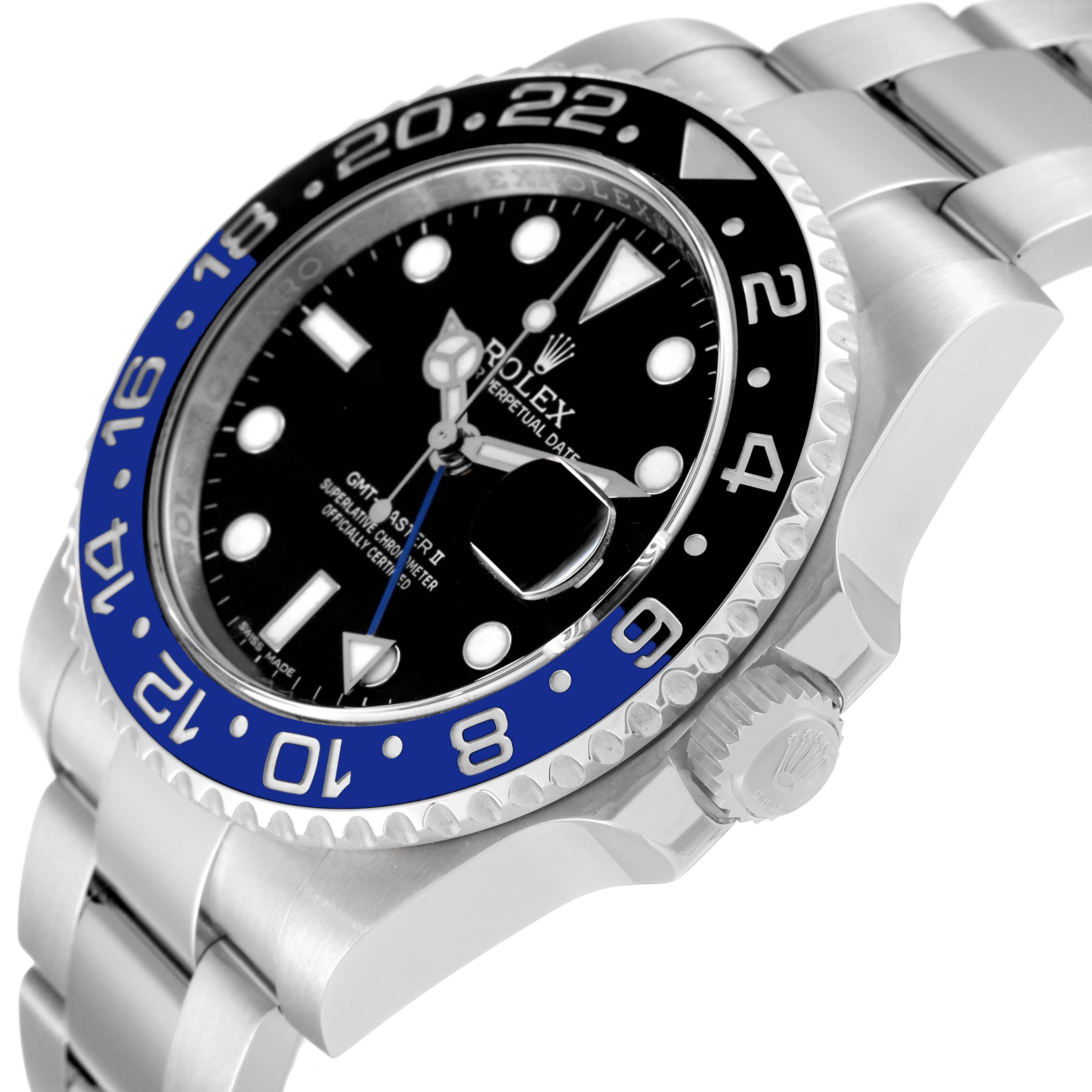 This image shows a side angle of the Rolex GMT-Master 116710 Men
s Stainless Steel Black Dial 116710 Men
s Stainless Steel Black Dial II watch, displaying the bezel, dial, crown, and part of the bracelet.