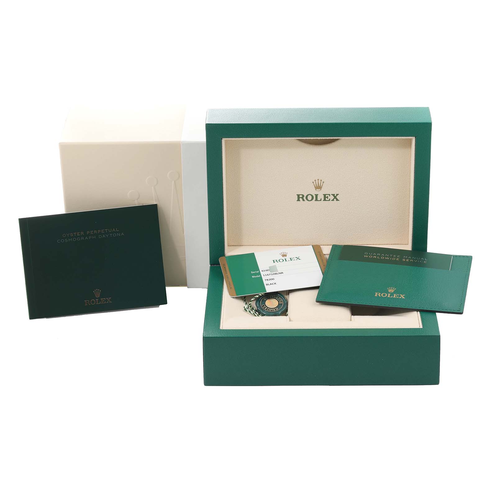 The image shows the packaging and accessories for a Rolex GMT-Master 116710 Men
s Stainless Steel Black Dial 116710 Men
s Stainless Steel Black Dial, including the box, papers, and booklets.