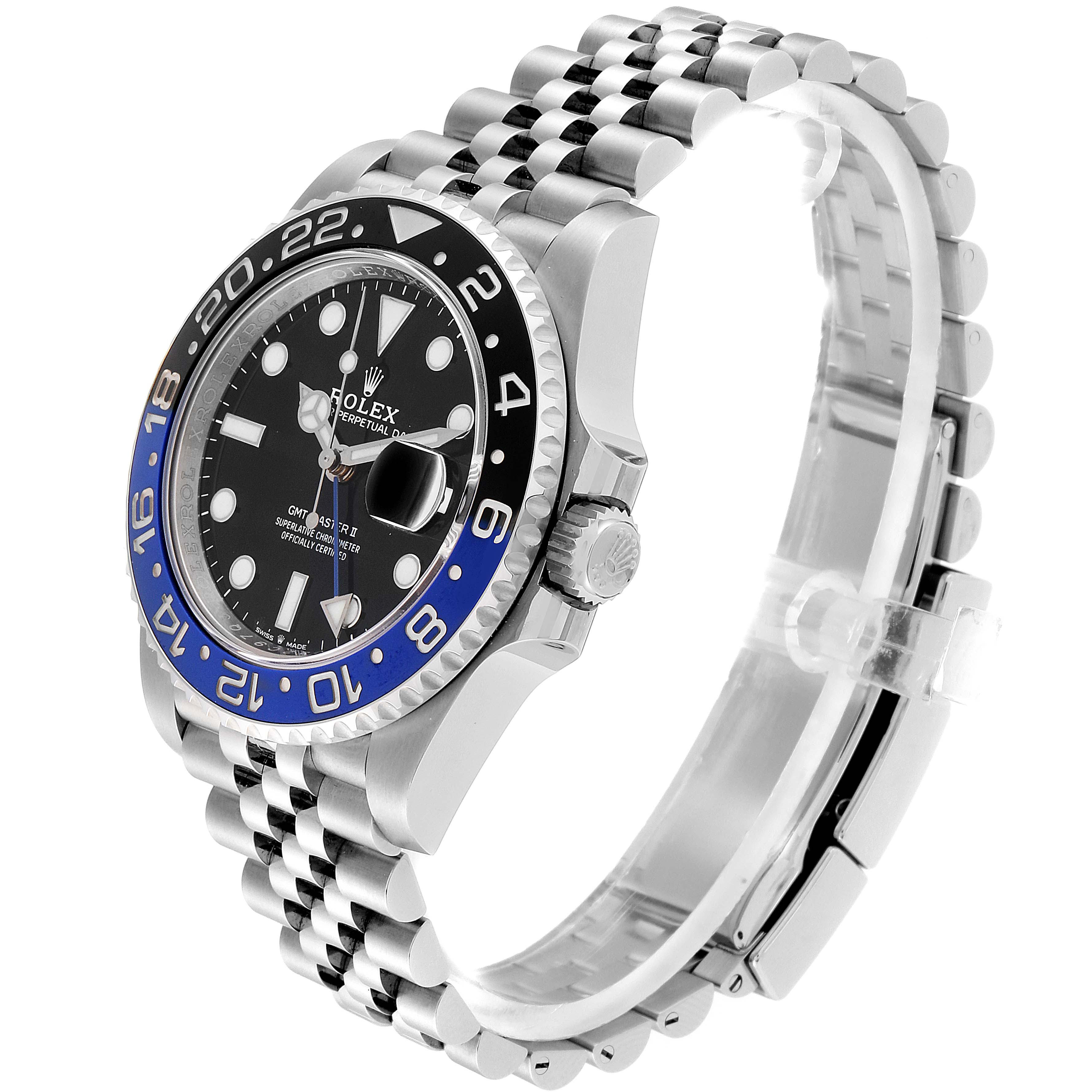 The image shows a side angle of the Rolex GMT-Master 126710 Men
s Stainless Steel Black Dial 126710 Men
s Stainless Steel Black Dial watch, highlighting the bezel, dial, crown, and jubilee bracelet.