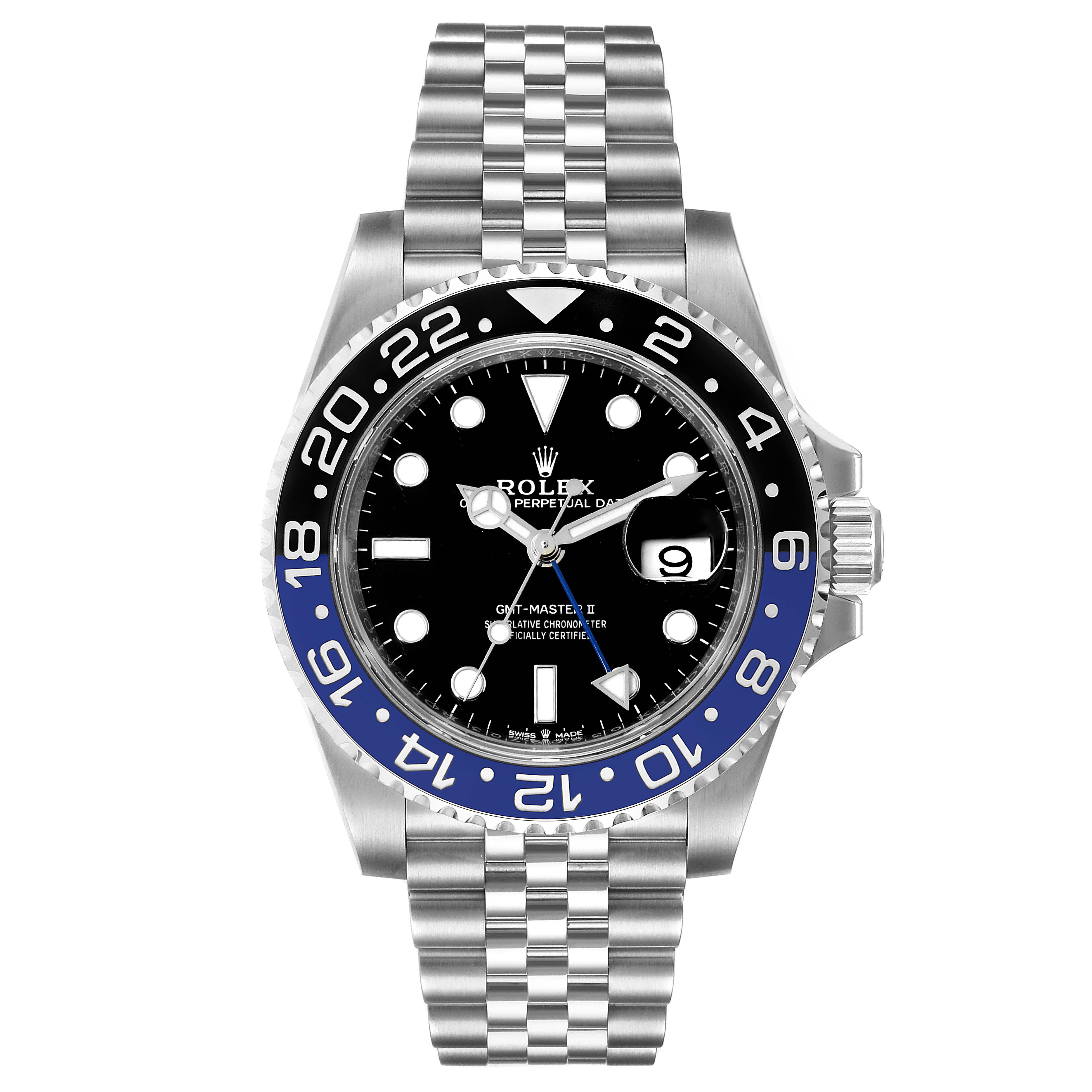 The image shows a front view of a Rolex GMT-Master 126710 Men
s Stainless Steel Black Dial 126710 Men
s Stainless Steel Black Dial II watch, highlighting its bezel, dial, and Jubilee bracelet.