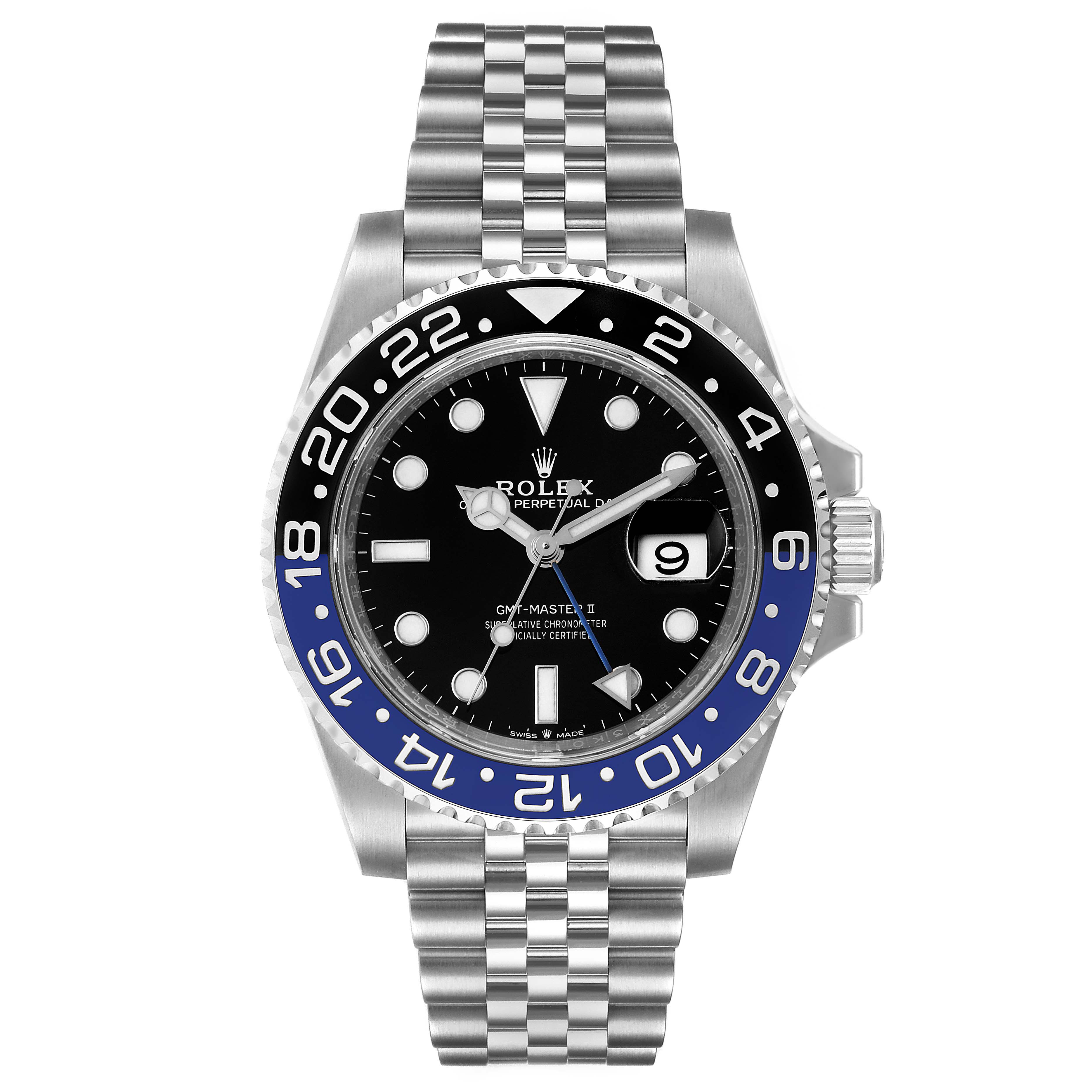 This is a front view of a Rolex GMT-Master 126710 Men's Stainless Steel Black Dial 126710 Men's Stainless Steel Black Dial II watch, showcasing the dial, bezel, and bracelet.