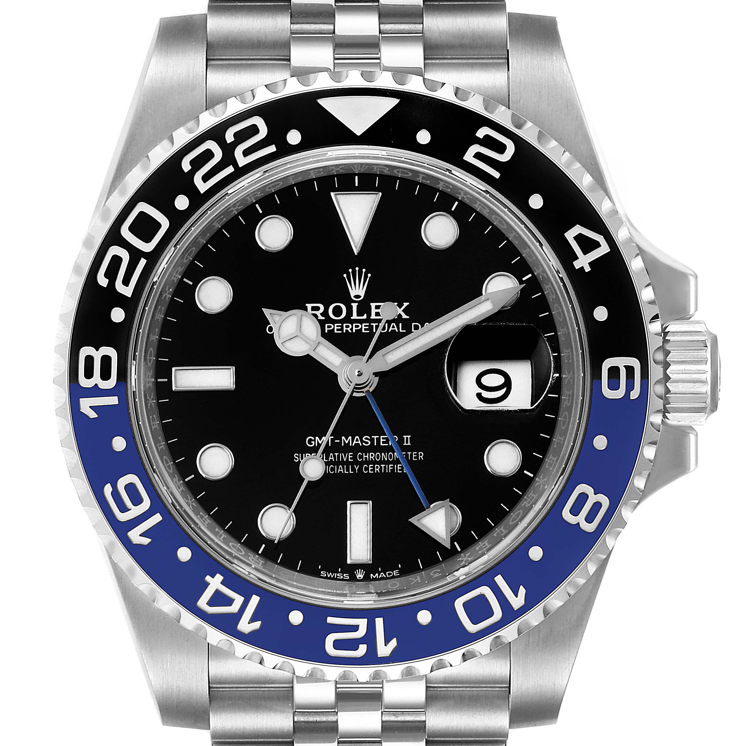 The image shows a front view of the Rolex GMT-Master 126710 Men's Stainless Steel Black Dial 126710 Men's Stainless Steel Black Dial II watch, highlighting the black and blue bezel, dial, and steel bracelet.