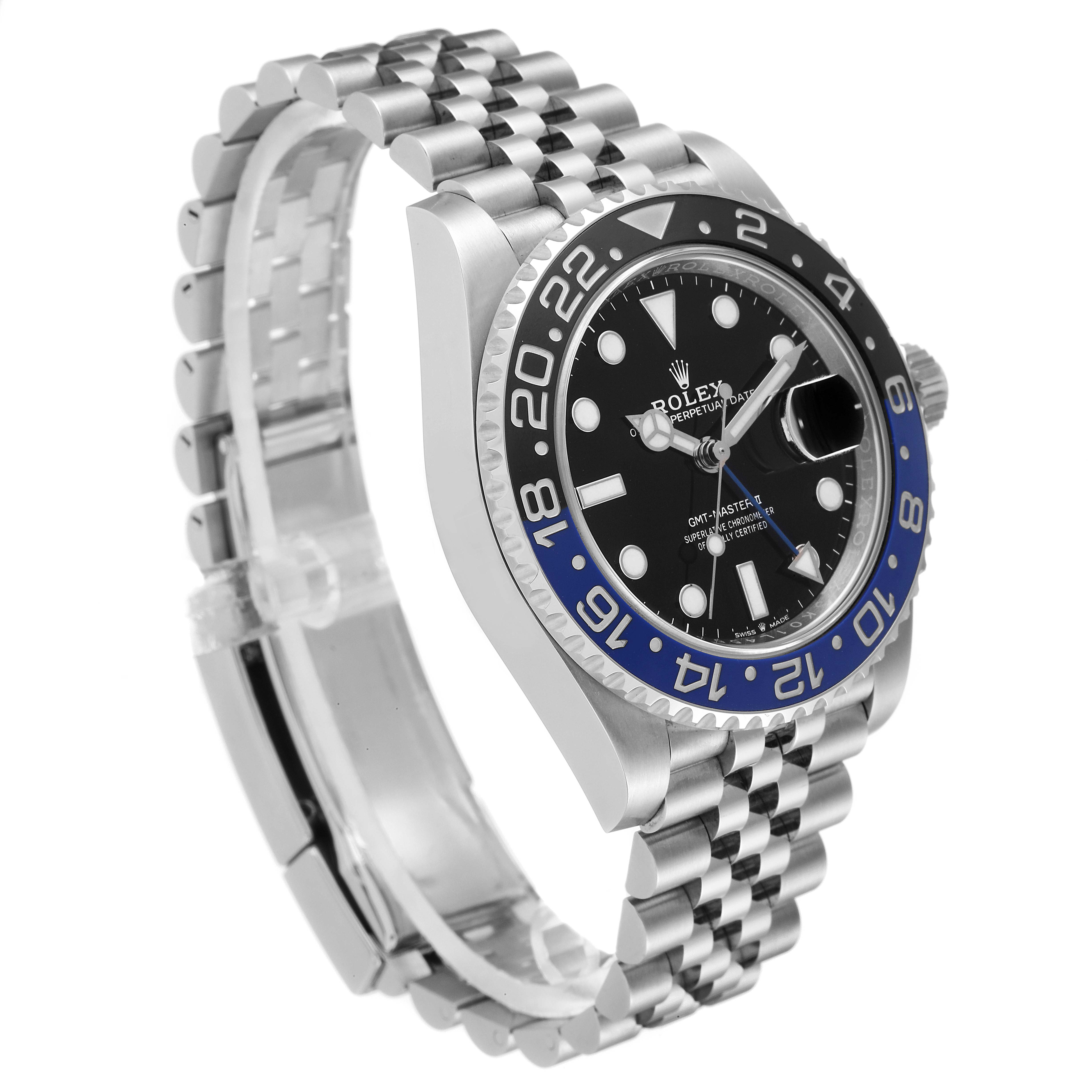 This image shows a side angle of the Rolex GMT-Master 126710 Men's Stainless Steel Black Dial 126710 Men's Stainless Steel Black Dial watch, highlighting the face, bezel, and jubilee bracelet.