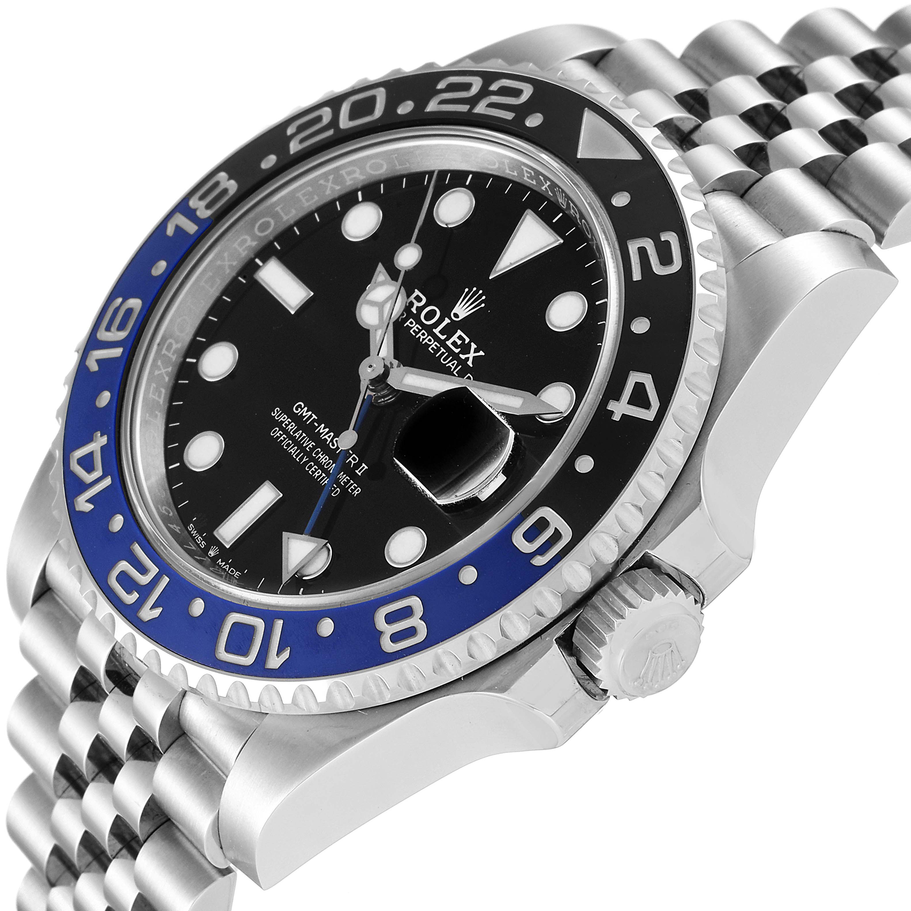 The image shows a close-up of the Rolex GMT-Master 126710 Men's Stainless Steel Black Dial 126710 Men's Stainless Steel Black Dial model, highlighting its bezel, crown, and part of the jubilee bracelet.