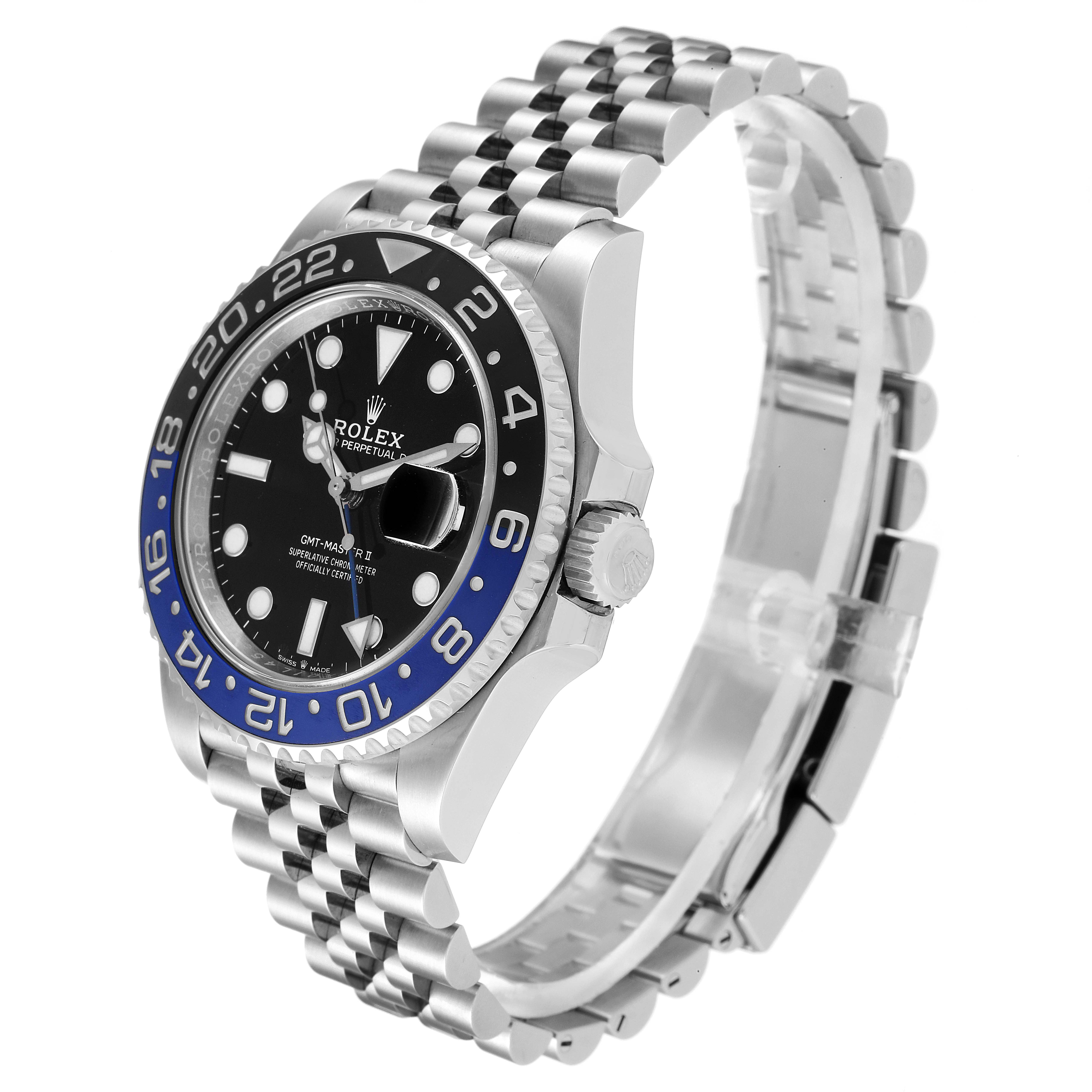 The Rolex GMT-Master 126710 Men's Stainless Steel Black Dial 126710 Men's Stainless Steel Black Dial watch is shown at a three-quarter angle, displaying the bezel, face, crown, and the bracelet.