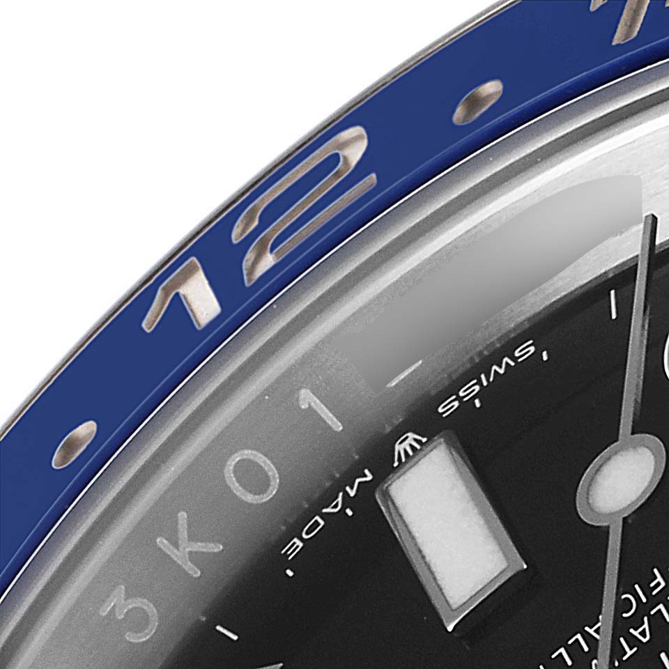 The image shows a close-up angle of the Rolex GMT-Master 126710 Men's Stainless Steel Black Dial 126710 Men's Stainless Steel Black Dial watch, focusing on the bezel and part of the dial.