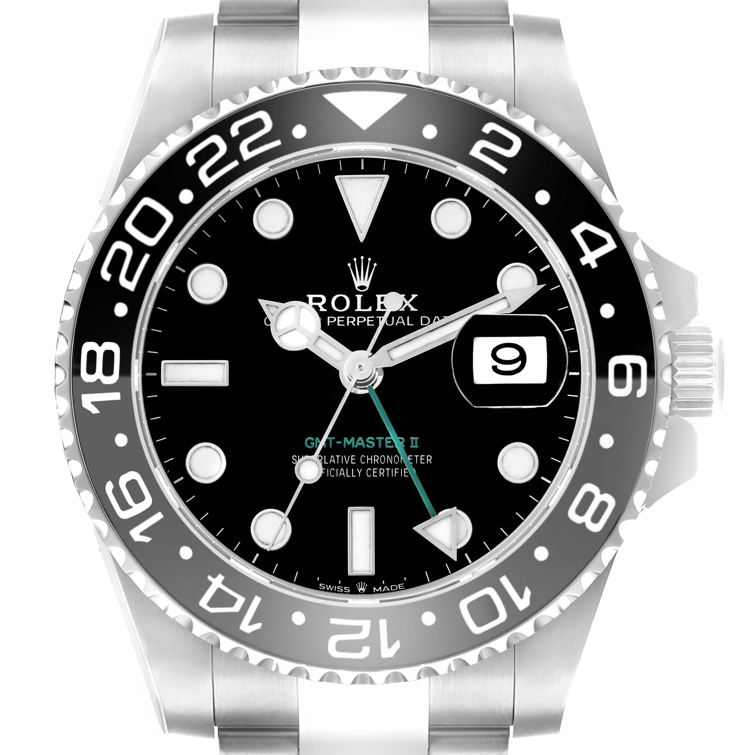 The image shows a front view of a Rolex GMT-Master 126710 Men
s Stainless Steel Black Dial II watch, highlighting the bezel, dial, and bracelet.