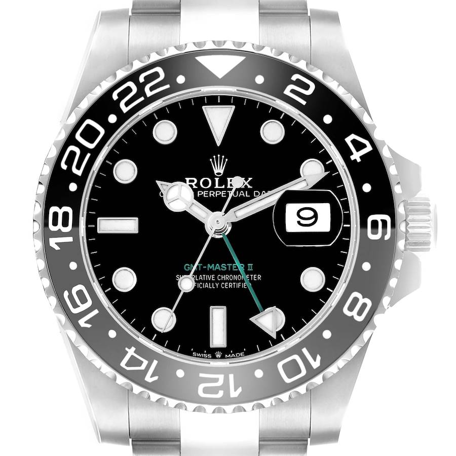 The image shows a front view of a Rolex GMT-Master 126710 Men's Stainless Steel Black Dial II watch, highlighting the bezel, dial, and bracelet.