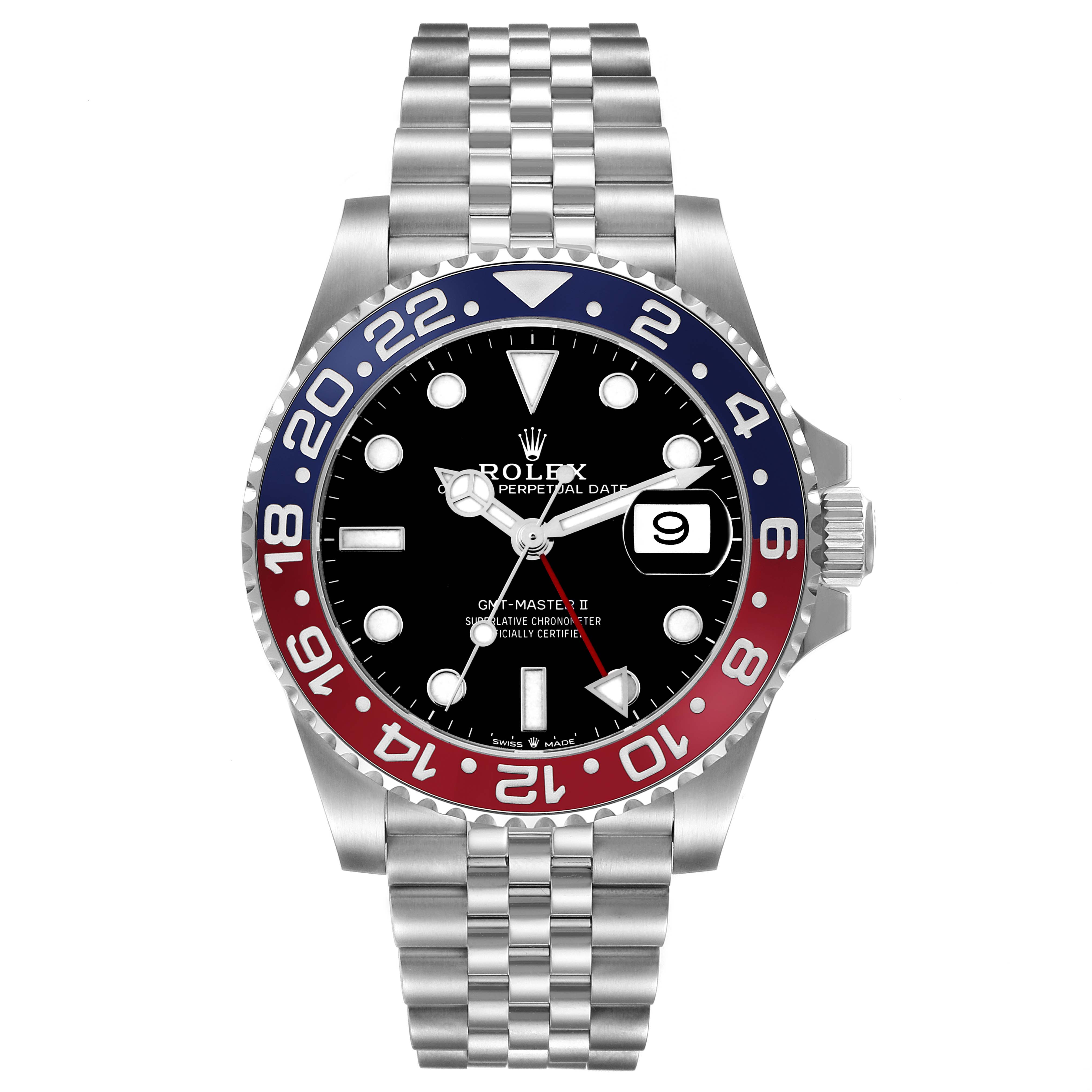The Rolex GMT-Master 126710 Men
s Stainless Steel Black Dial watch is shown from a front angle, highlighting its dial, bezel, and jubilee bracelet.