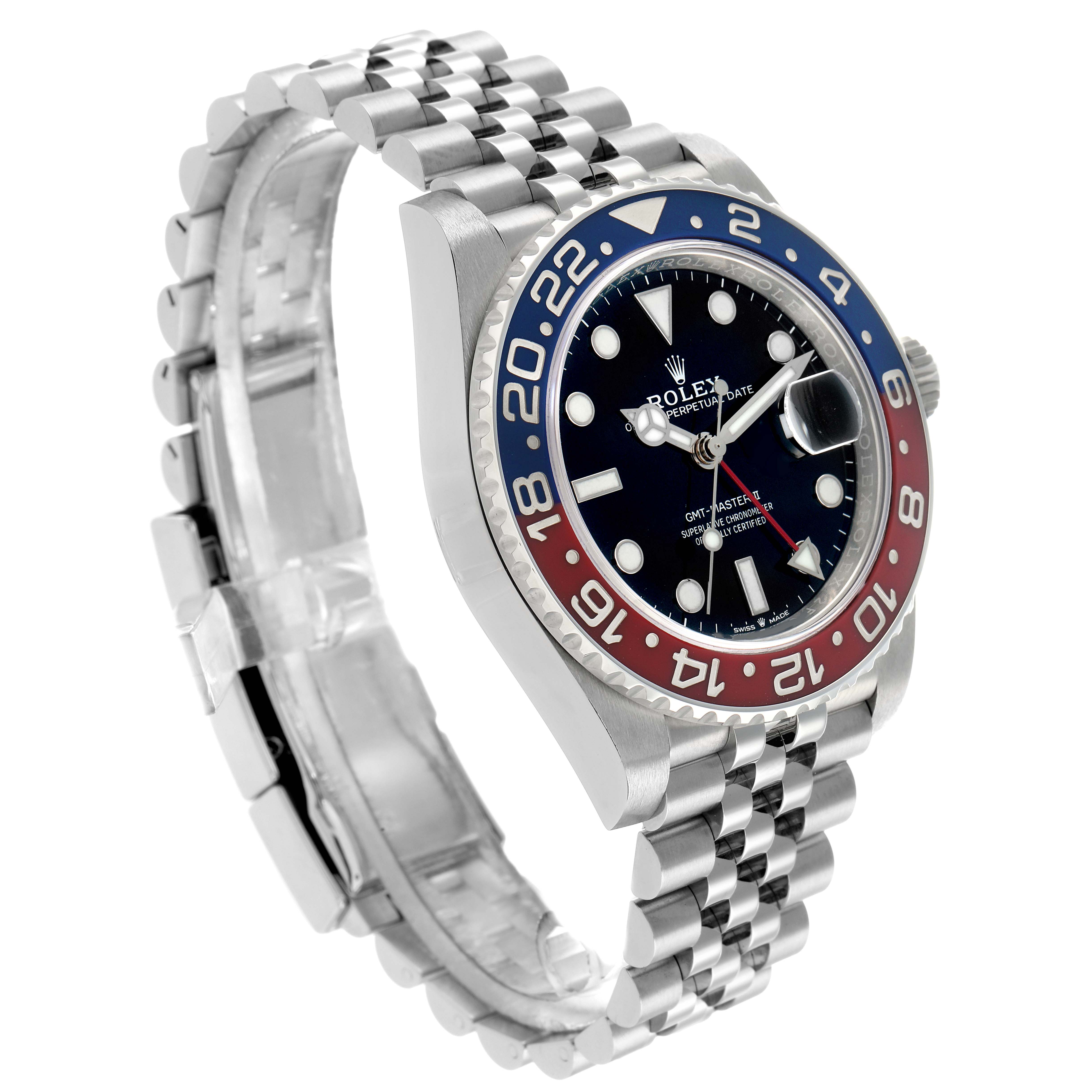 The Rolex GMT-Master 126710 Men
s Stainless Steel Black Dial watch is shown at a three-quarter angle, displaying the bezel, dial, and jubilee bracelet.