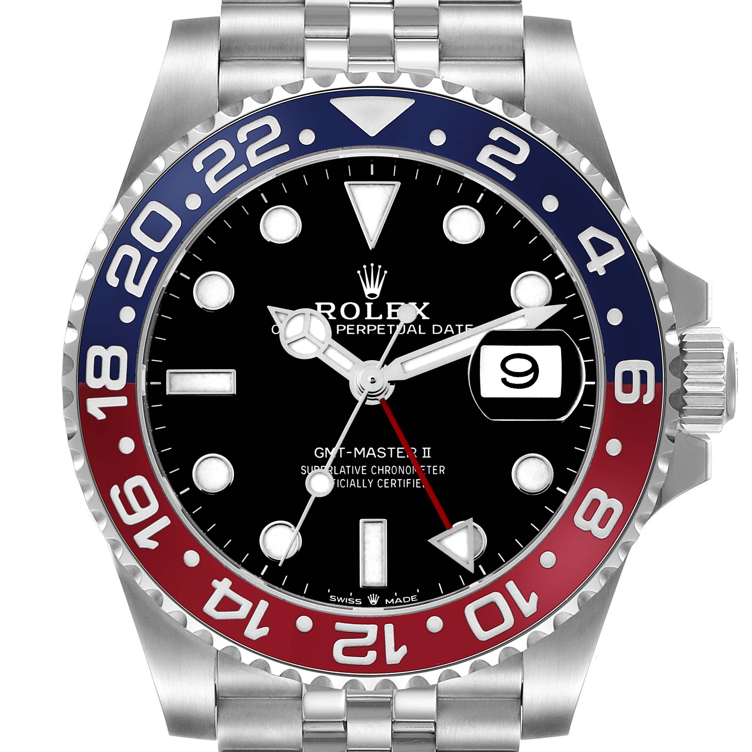 The Rolex GMT-Master 126710 Men
s Stainless Steel Black Dial II is shown from the front, displaying the bezel, dial, hands, and bracelet.