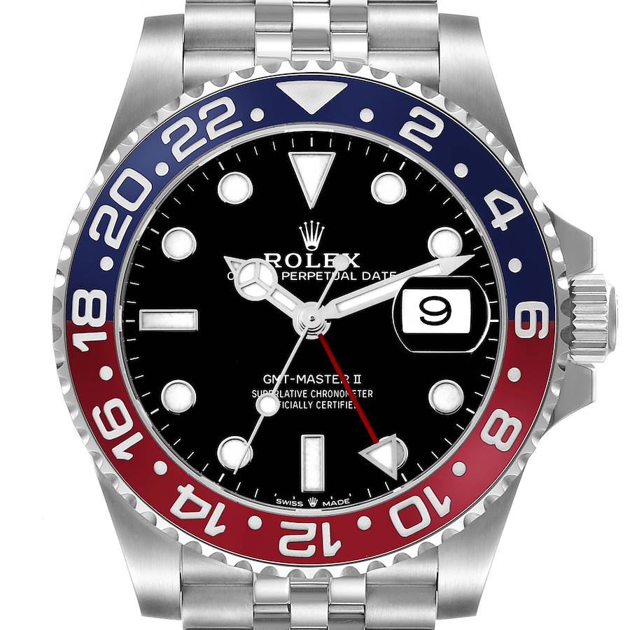 The Rolex GMT-Master 126710 Men's Stainless Steel Black Dial II is shown from the front, displaying the bezel, dial, hands, and bracelet.