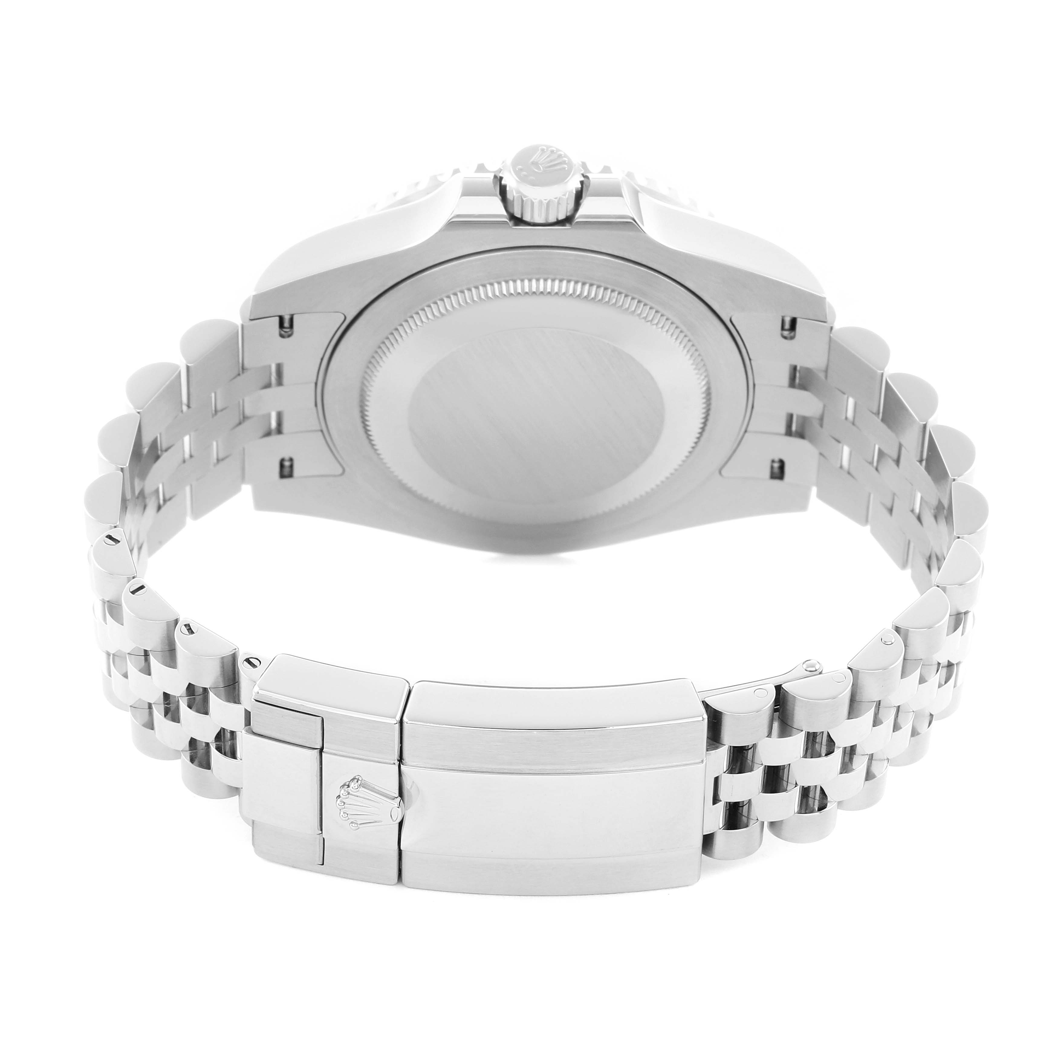 The image shows the back of a Rolex GMT-Master 126710 Men
s Stainless Steel Black Dial watch case and clasp, with a focus on the bracelet and crown.