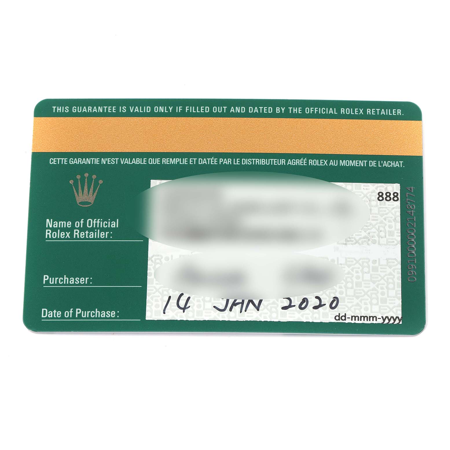 The image shows the warranty card for a Rolex GMT-Master 126710 Men
s Stainless Steel Black Dial, featuring brand information and purchase details.