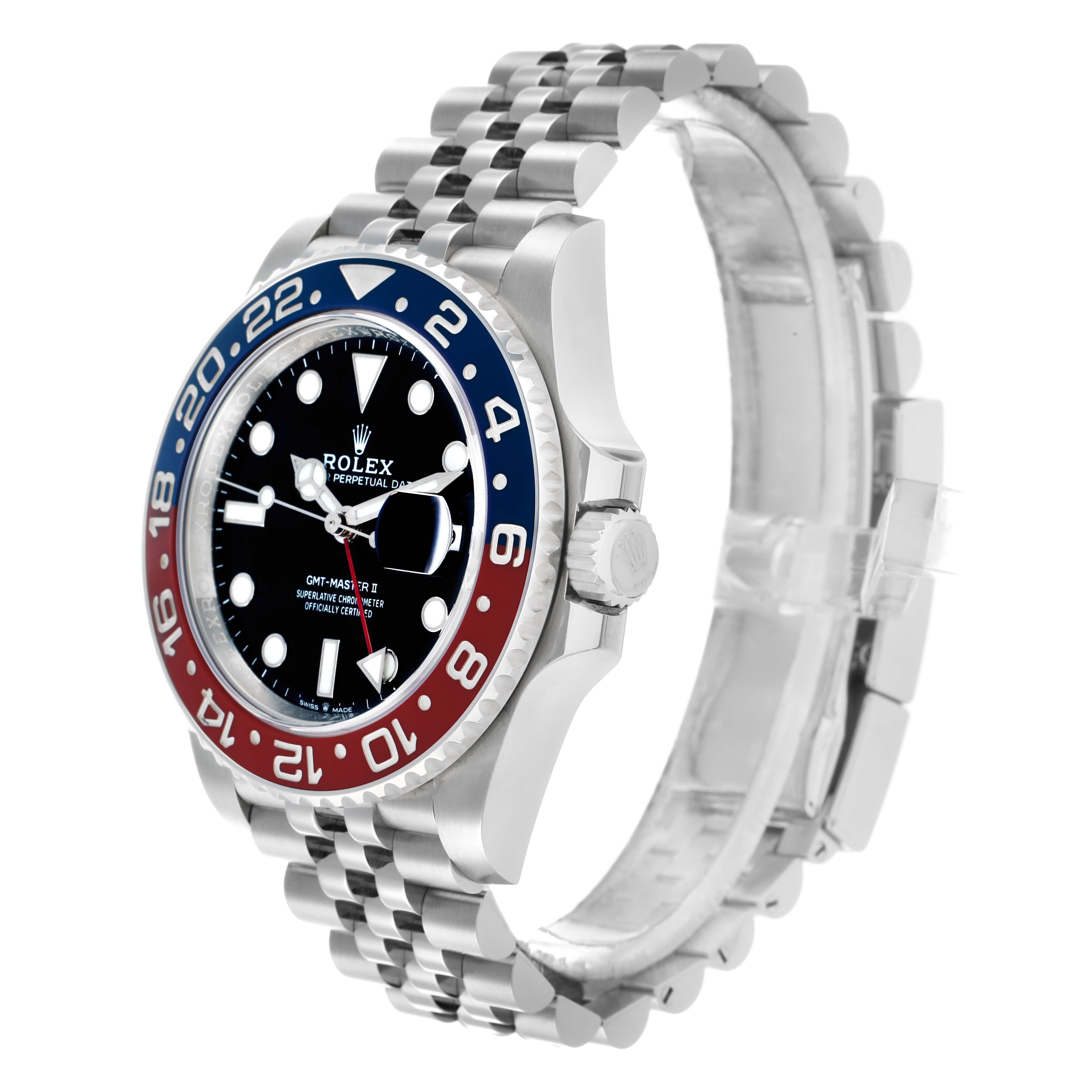 The Rolex GMT-Master 126710 Men
s Stainless Steel Black Dial watch is shown at a side angle, displaying the bezel, crown, face, and bracelet.