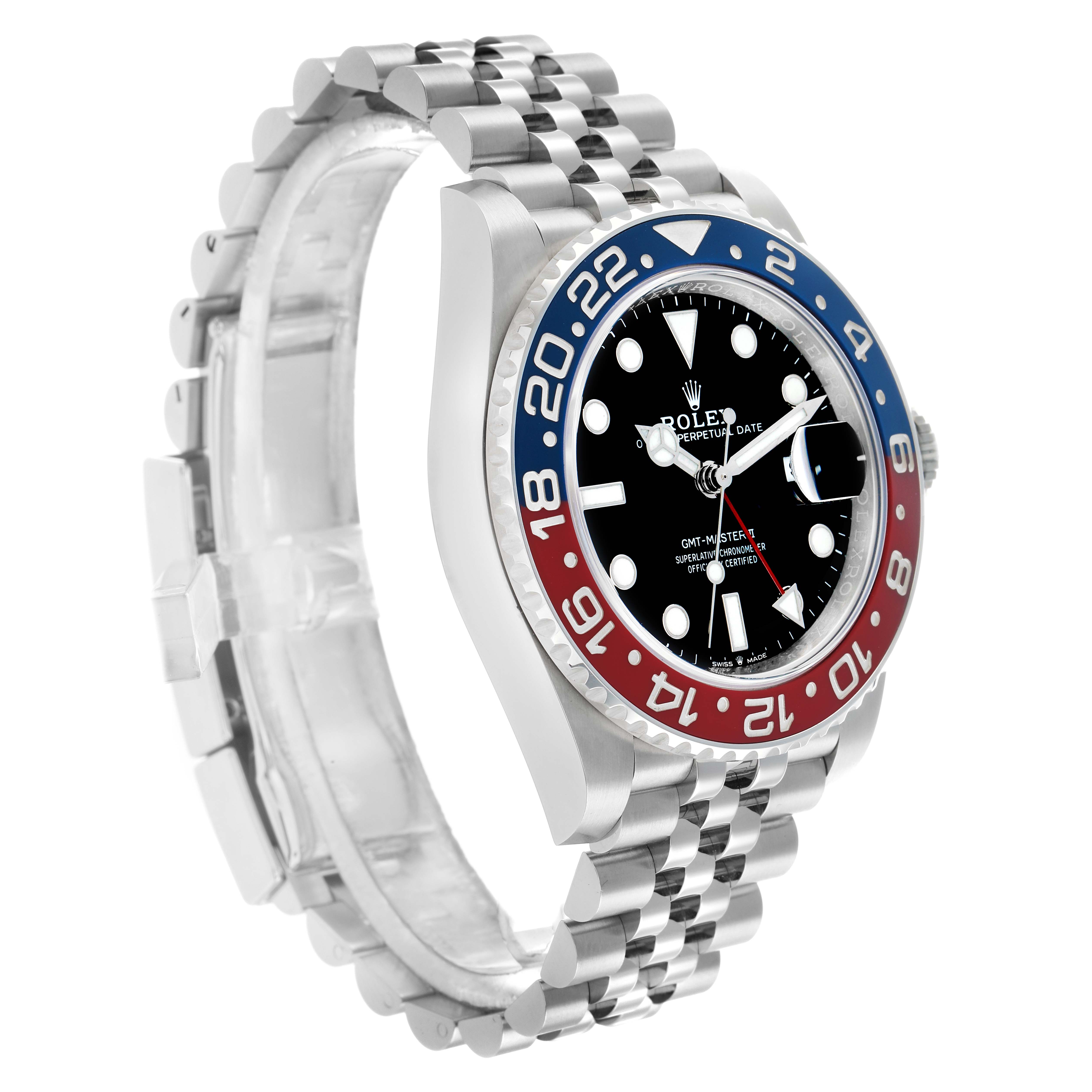 The Rolex GMT-Master 126710 Men
s Stainless Steel Black Dial watch is shown at a slight side angle, featuring its bezel, dial, and bracelet prominently.