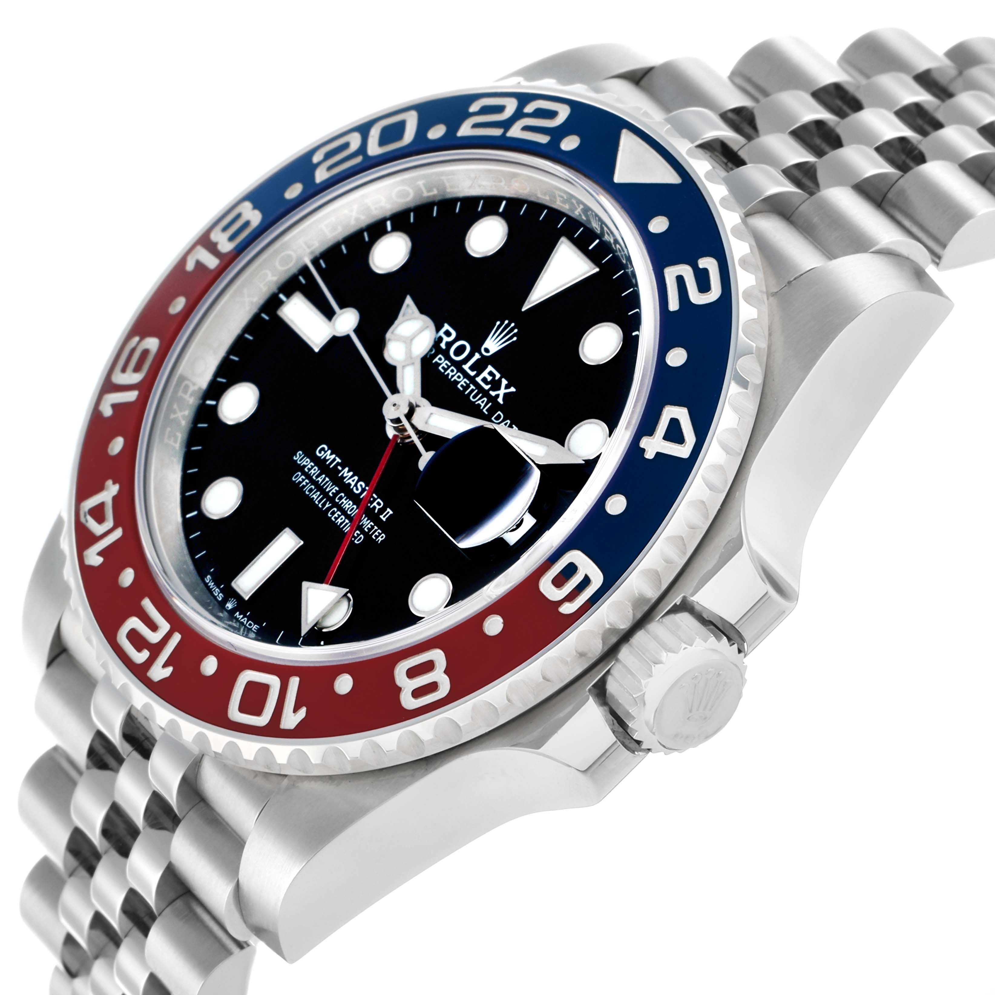 The Rolex GMT-Master 126710 Men
s Stainless Steel Black Dial is shown at a side angle, highlighting the bezel, crown, and jubilee bracelet.