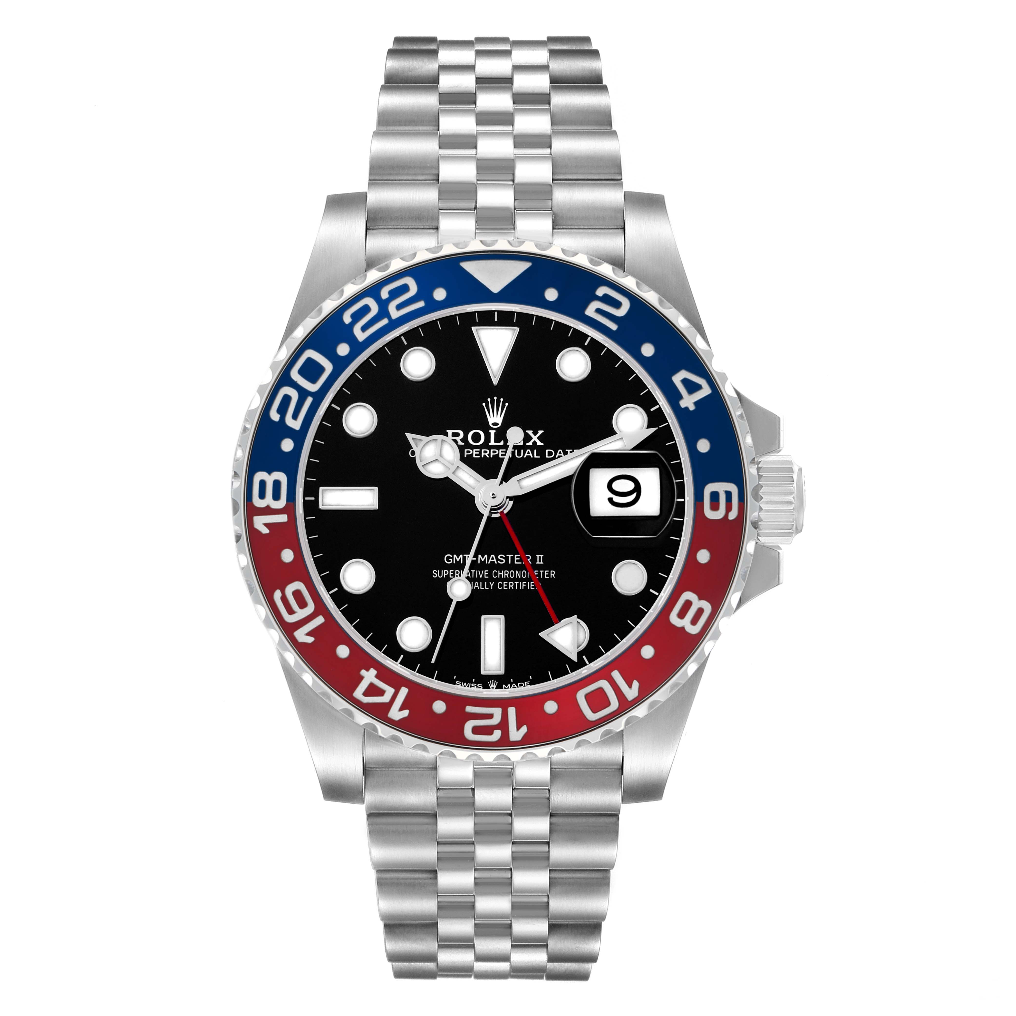 The Rolex GMT-Master 126710 Men
s Stainless Steel Black Dial watch is shown from the front, displaying the dial, bezel, and bracelet.