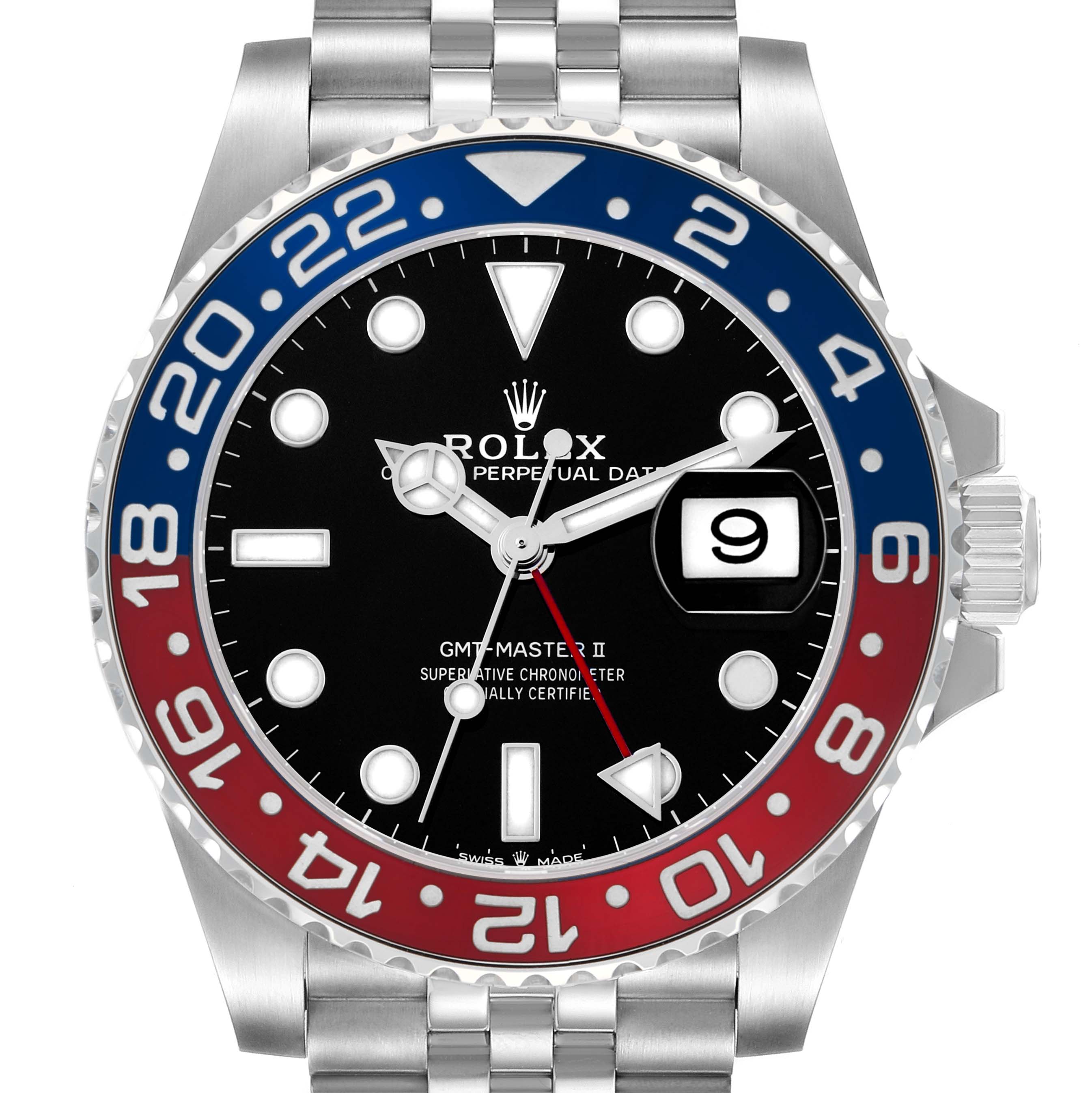 The Rolex GMT-Master 126710 Men
s Stainless Steel Black Dial II watch is shown from a front angle, highlighting the bezel, dial, hands, and date window.