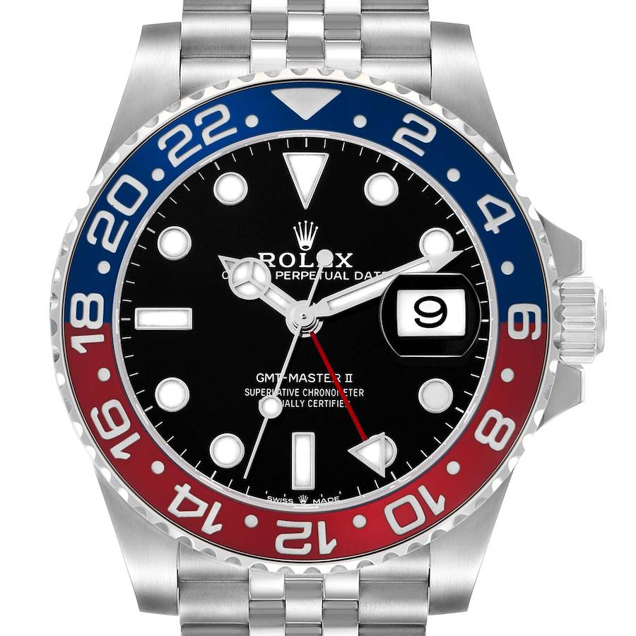 The Rolex GMT-Master 126710 Men's Stainless Steel Black Dial II watch is shown from a front angle, highlighting the bezel, dial, hands, and date window.