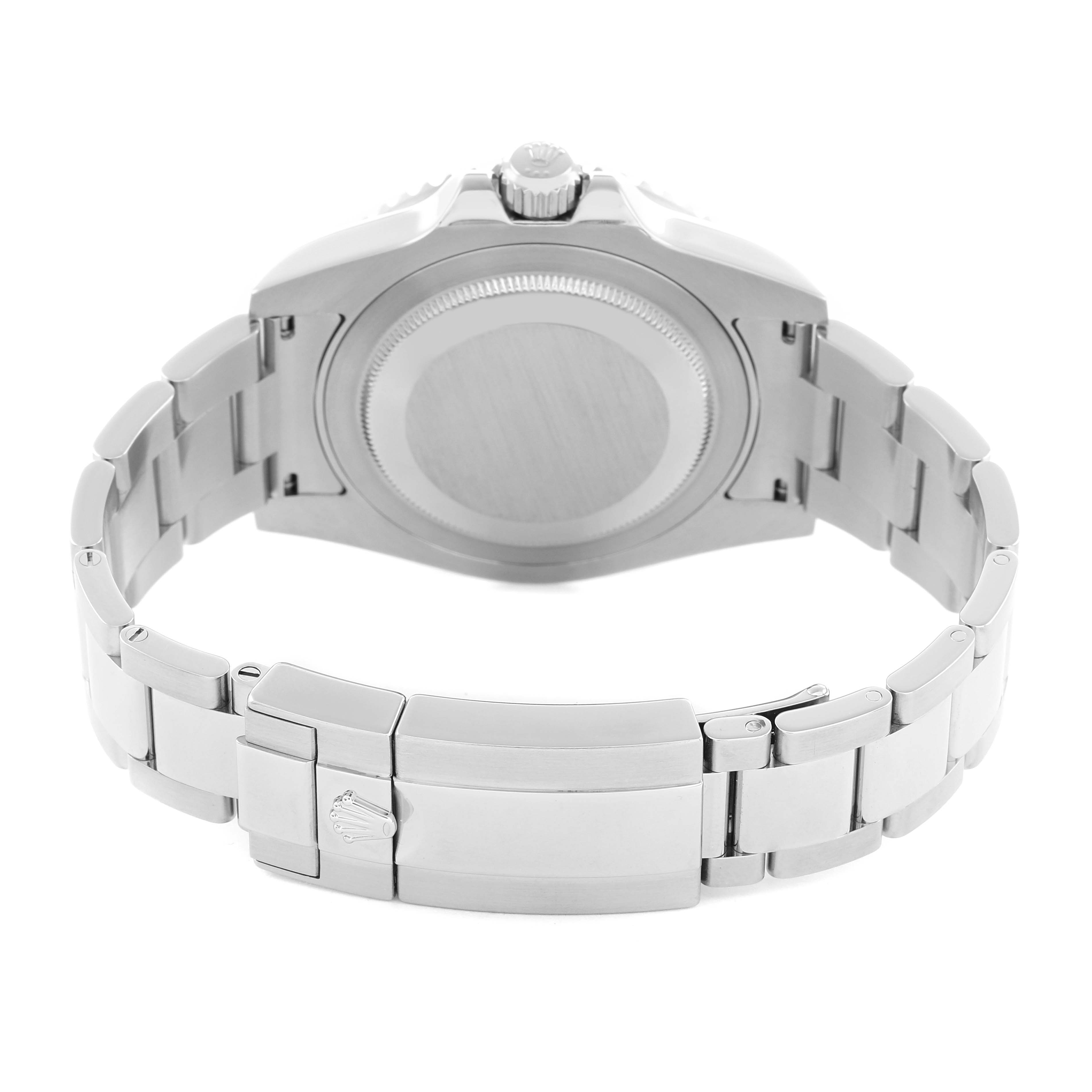 This image shows the back of the Rolex GMT-Master 116710 Men
s Stainless Steel Black Dial watch, focusing on the case back and bracelet clasp.