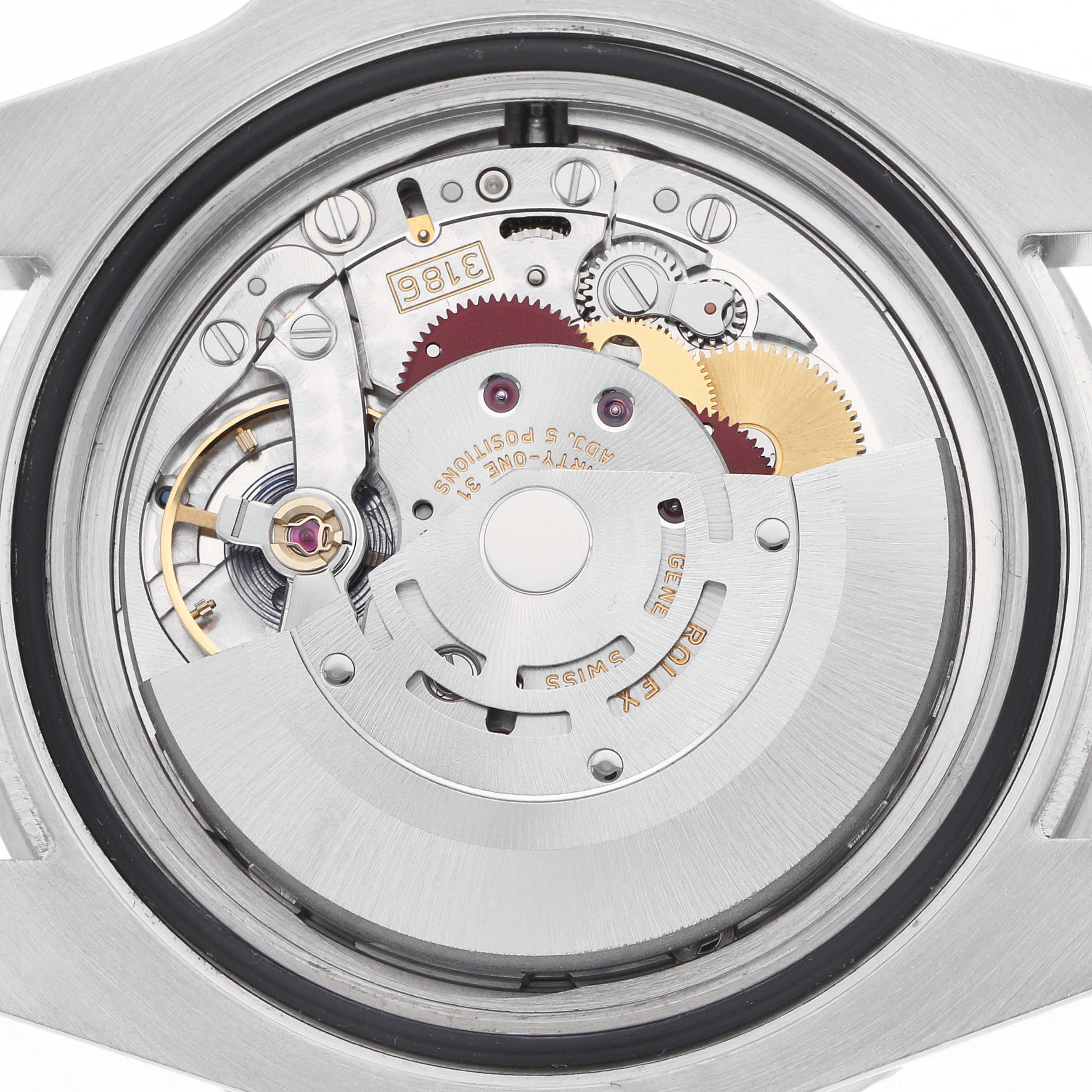 The image shows the movement of a Rolex GMT-Master 116710 Men
s Stainless Steel Black Dial watch from the back, highlighting gears and components.