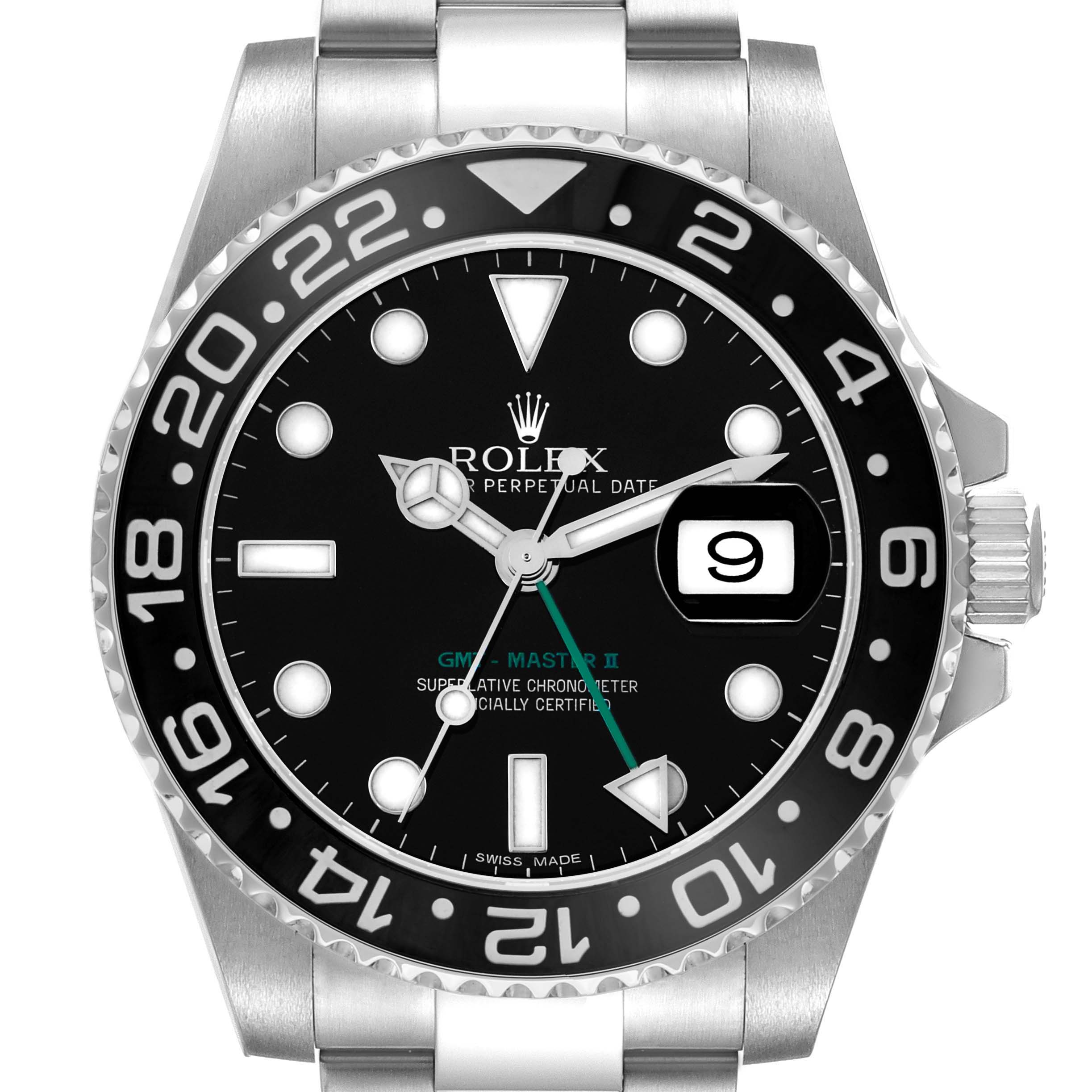 The image shows a top-down view of the Rolex GMT-Master 116710 Men
s Stainless Steel Black Dial II, highlighting the bezel, dial, and date window.