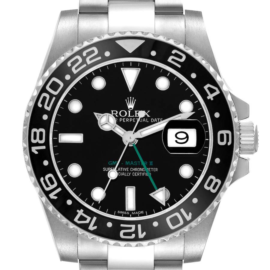 The image shows a top-down view of the Rolex GMT-Master 116710 Men's Stainless Steel Black Dial II, highlighting the bezel, dial, and date window.