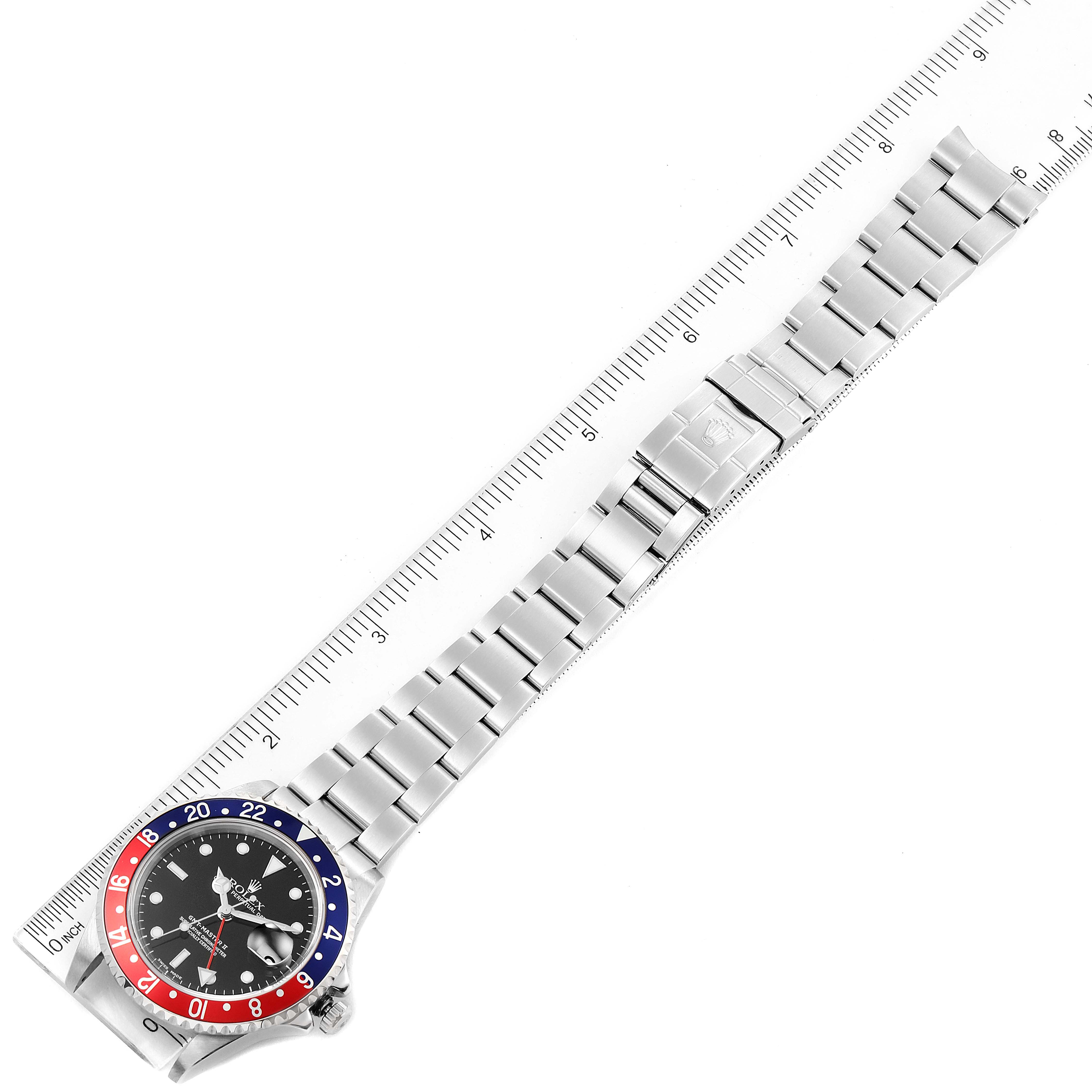 This image shows a top-down view of a Rolex GMT-Master 16710 Men
s Stainless Steel Black Dial 16710 Men
s Stainless Steel Black Dial watch, displaying the dial, bezel, and bracelet.
