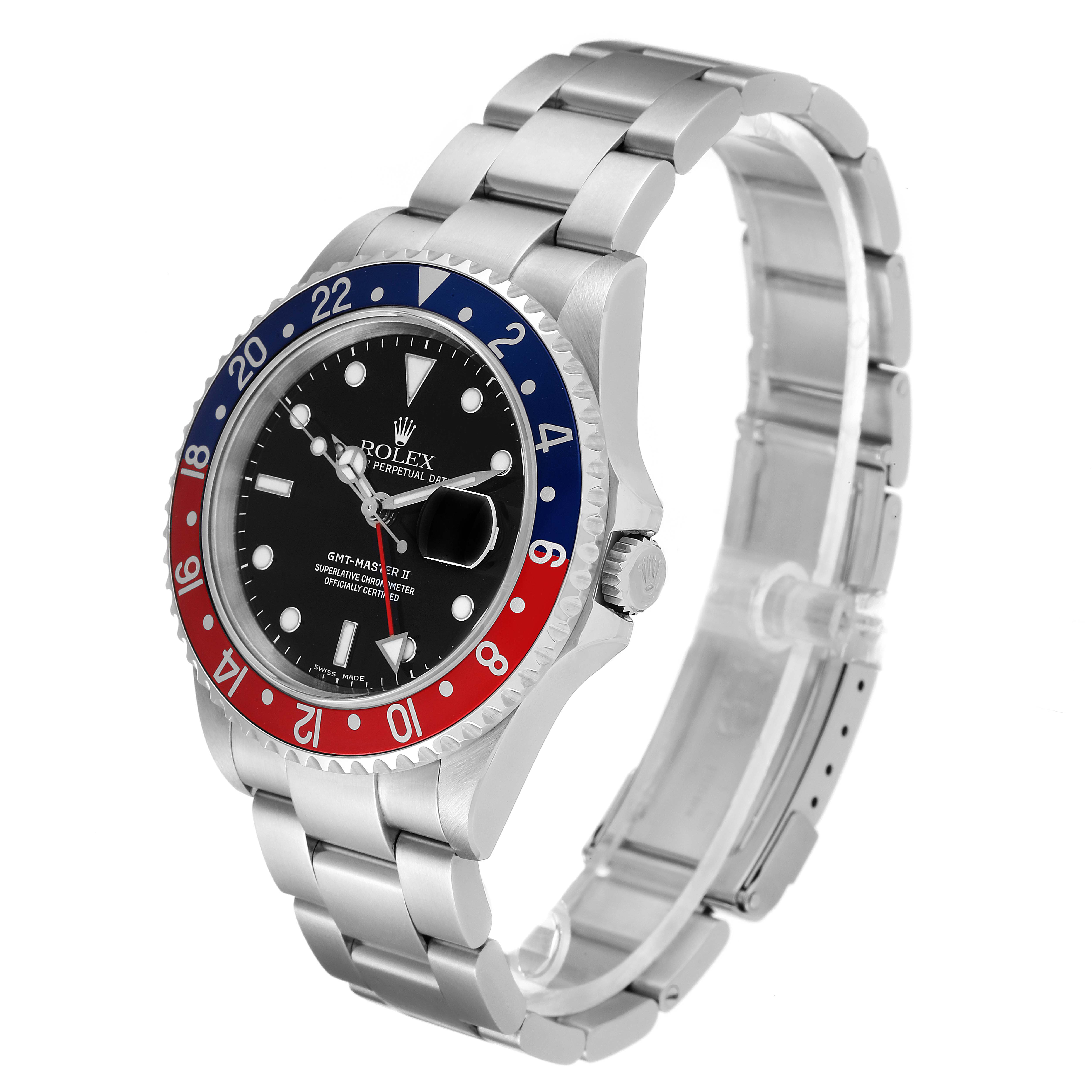 This image shows a side and front angle of a Rolex GMT-Master 16710 Men
s Stainless Steel Black Dial 16710 Men
s Stainless Steel Black Dial watch, displaying its bezel, dial, crown, and bracelet.