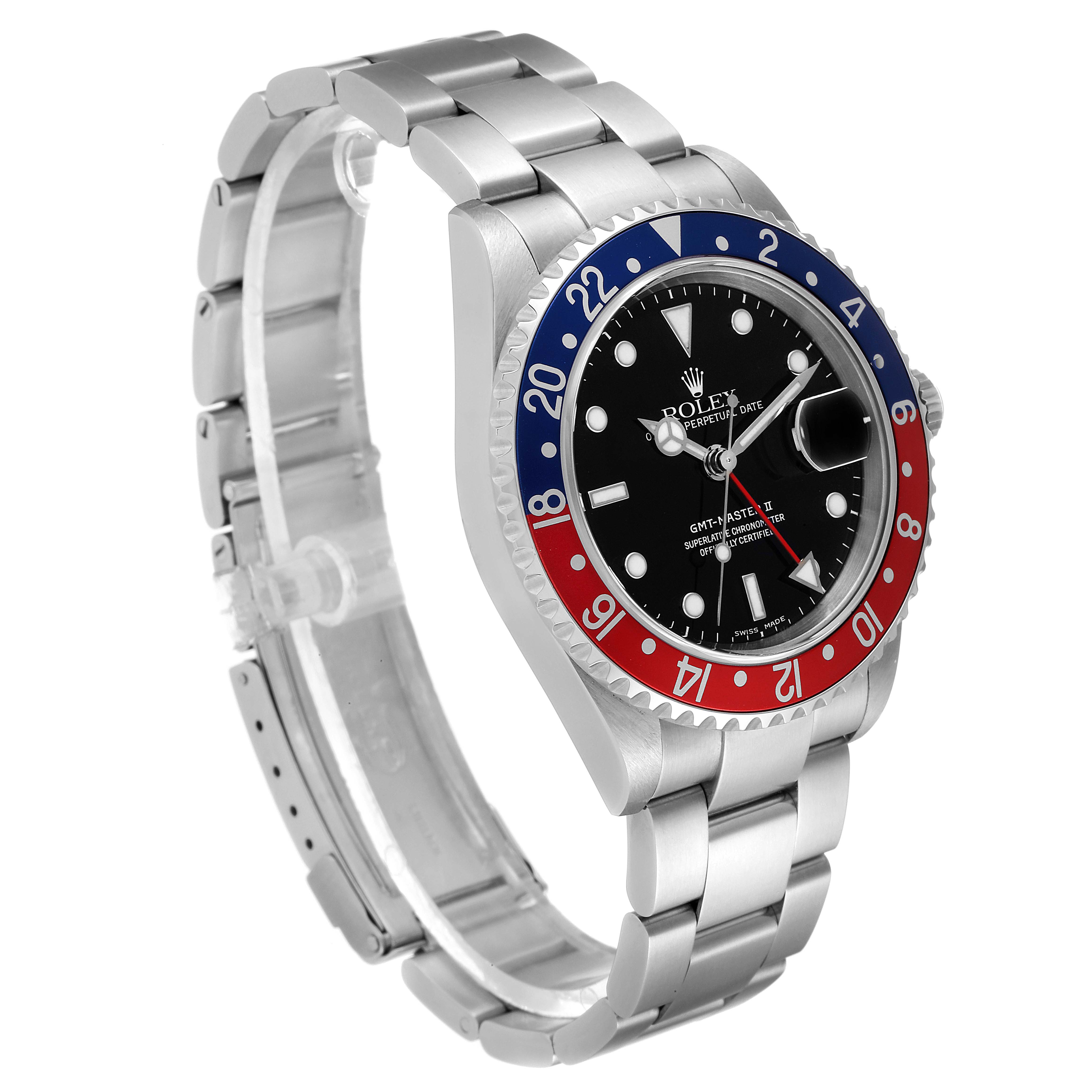 The image shows a Rolex GMT-Master 16710 Men
s Stainless Steel Black Dial 16710 Men
s Stainless Steel Black Dial watch at a side angle displaying the face, bezel, and metal bracelet.