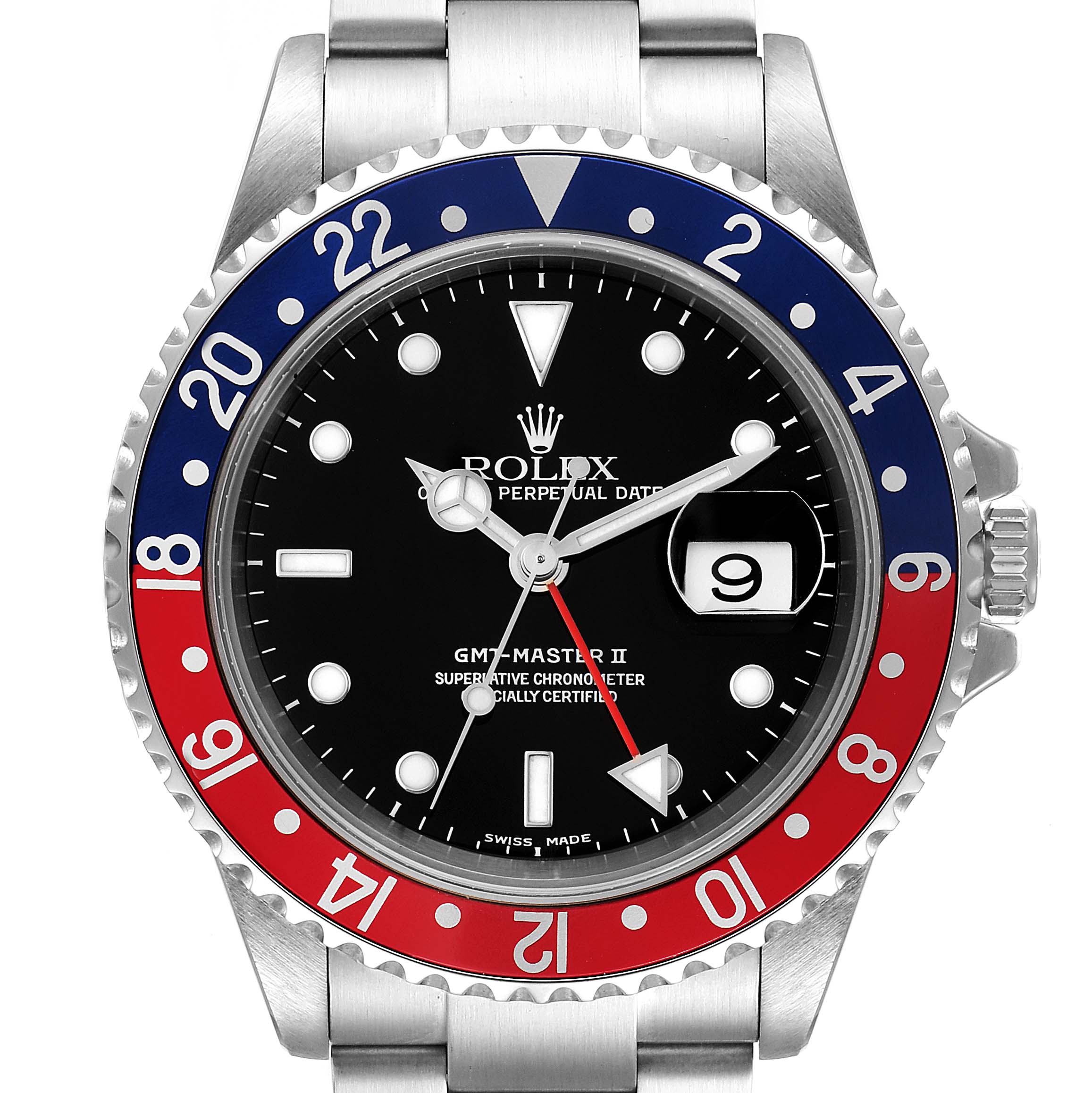 This image shows a frontal view of a Rolex GMT-Master 16710 Men
s Stainless Steel Black Dial 16710 Men
s Stainless Steel Black Dial II watch, highlighting its dial, bezel, and bracelet.