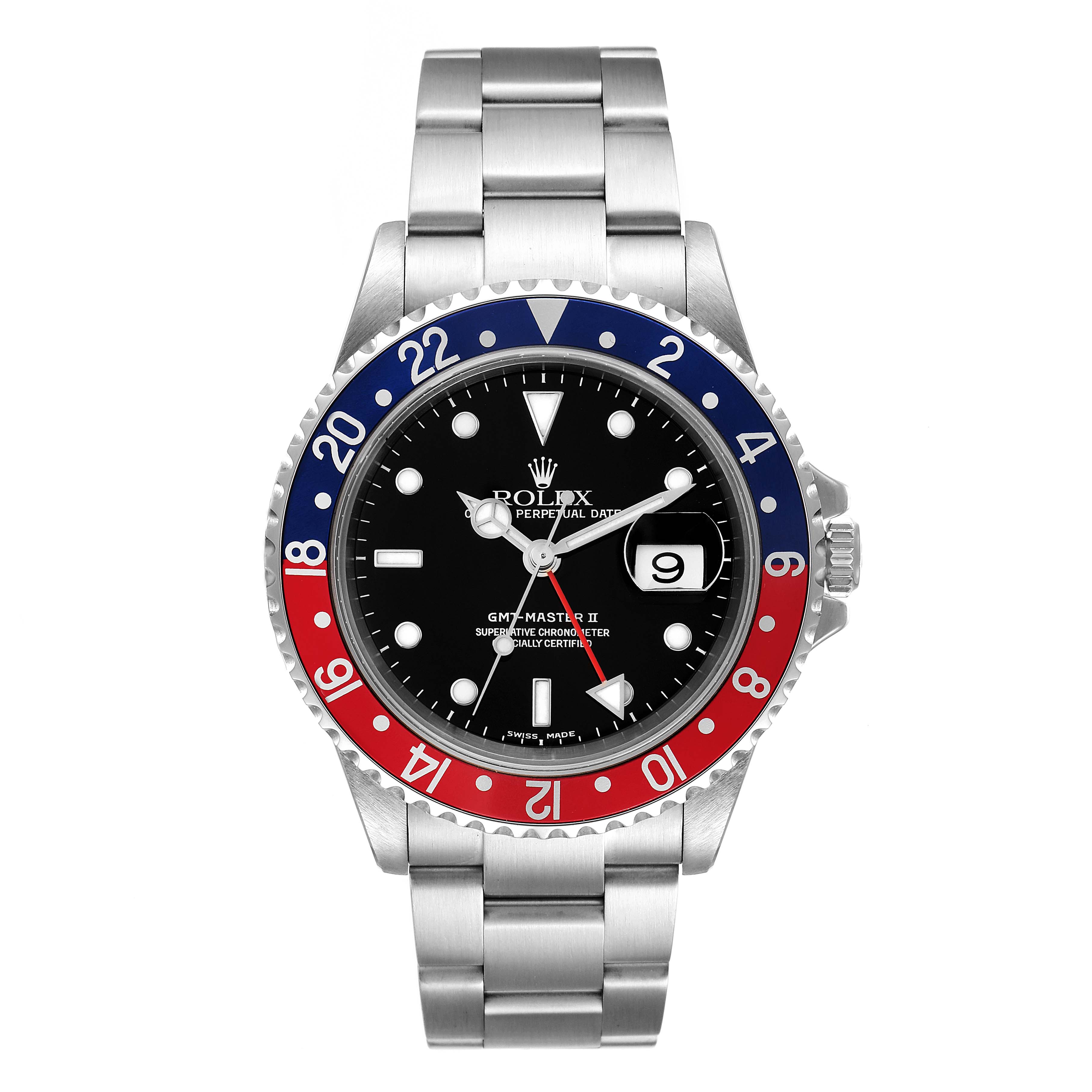The image shows a frontal view of a Rolex GMT-Master 16710 Men
s Stainless Steel Black Dial 16710 Men
s Stainless Steel Black Dial watch, highlighting its bezel, dial, bracelet, and crown.