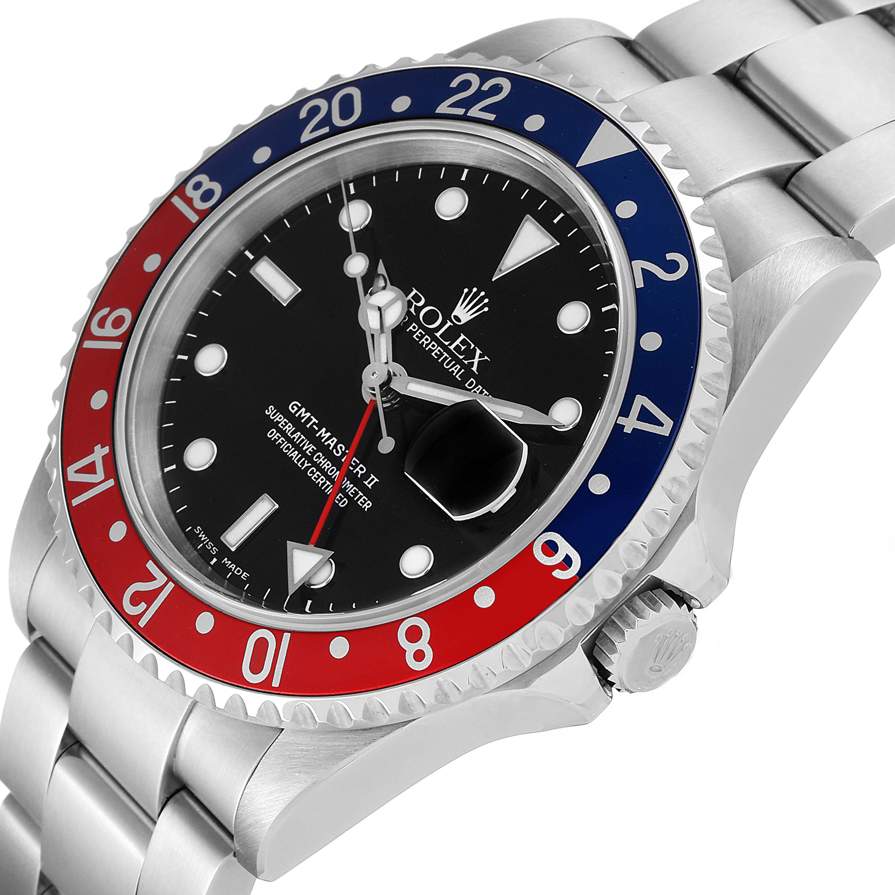 The image shows a Rolex GMT-Master 16710 Men
s Stainless Steel Black Dial 16710 Men
s Stainless Steel Black Dial II watch at a slight angle, highlighting the bezel, dial, crown, and part of the bracelet.