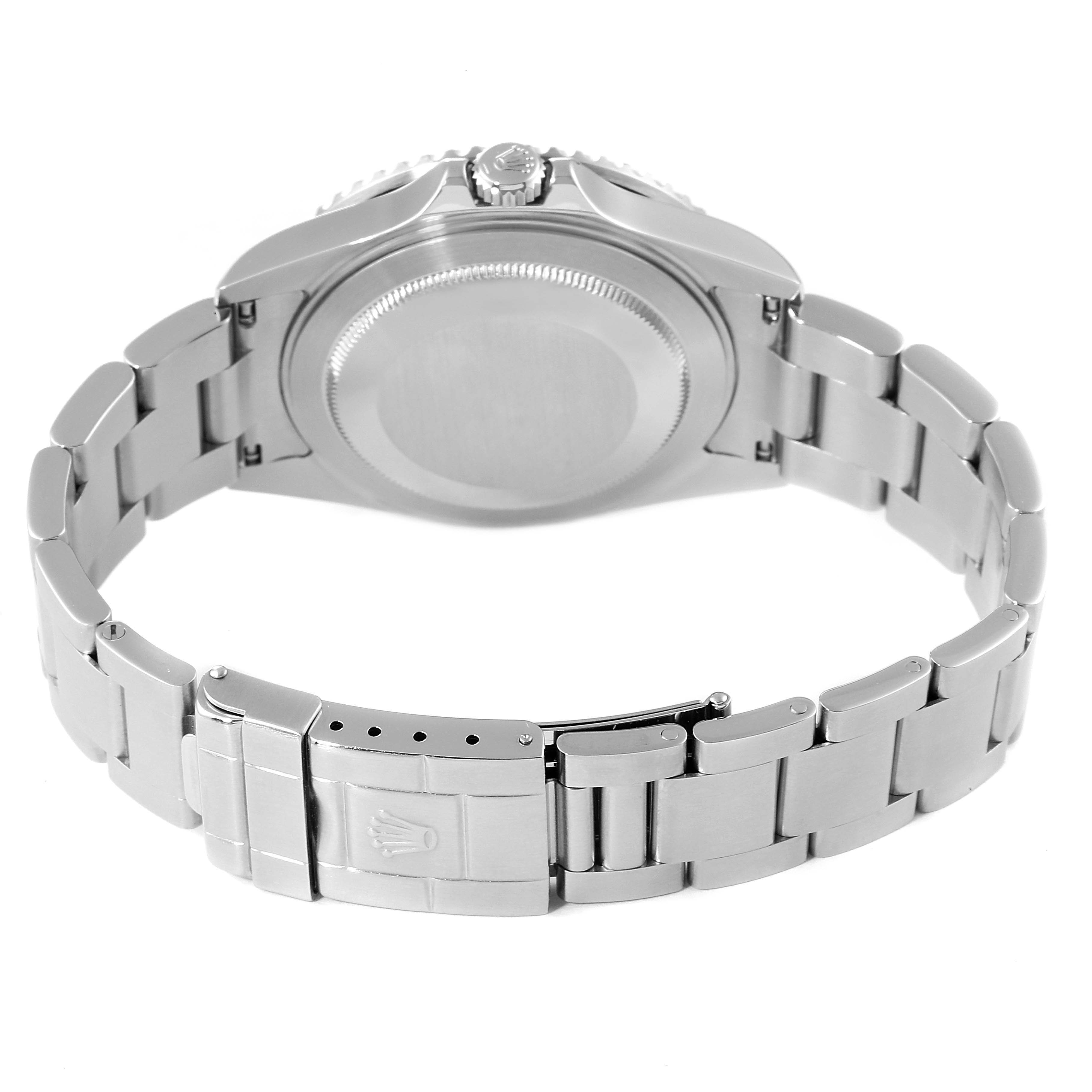 The image shows the back view of a Rolex GMT-Master 16710 Men
s Stainless Steel Black Dial 16710 Men
s Stainless Steel Black Dial watch, highlighting the case back and bracelet with the clasp.