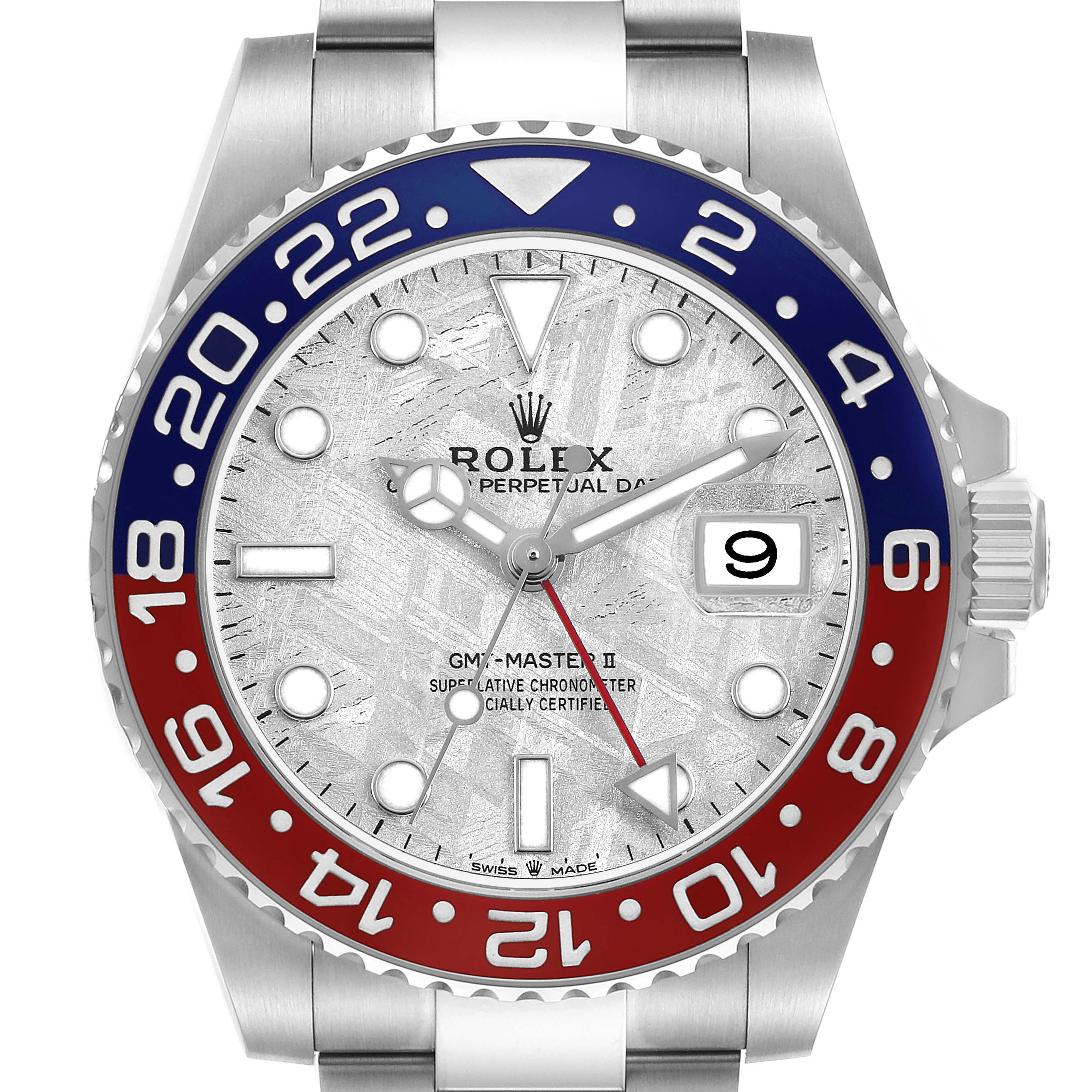 The Rolex GMT-Master 126719BLRO Men's White Gold Silver Dial II watch is shown from a front angle, highlighting the bezel, dial, hands, and crown.