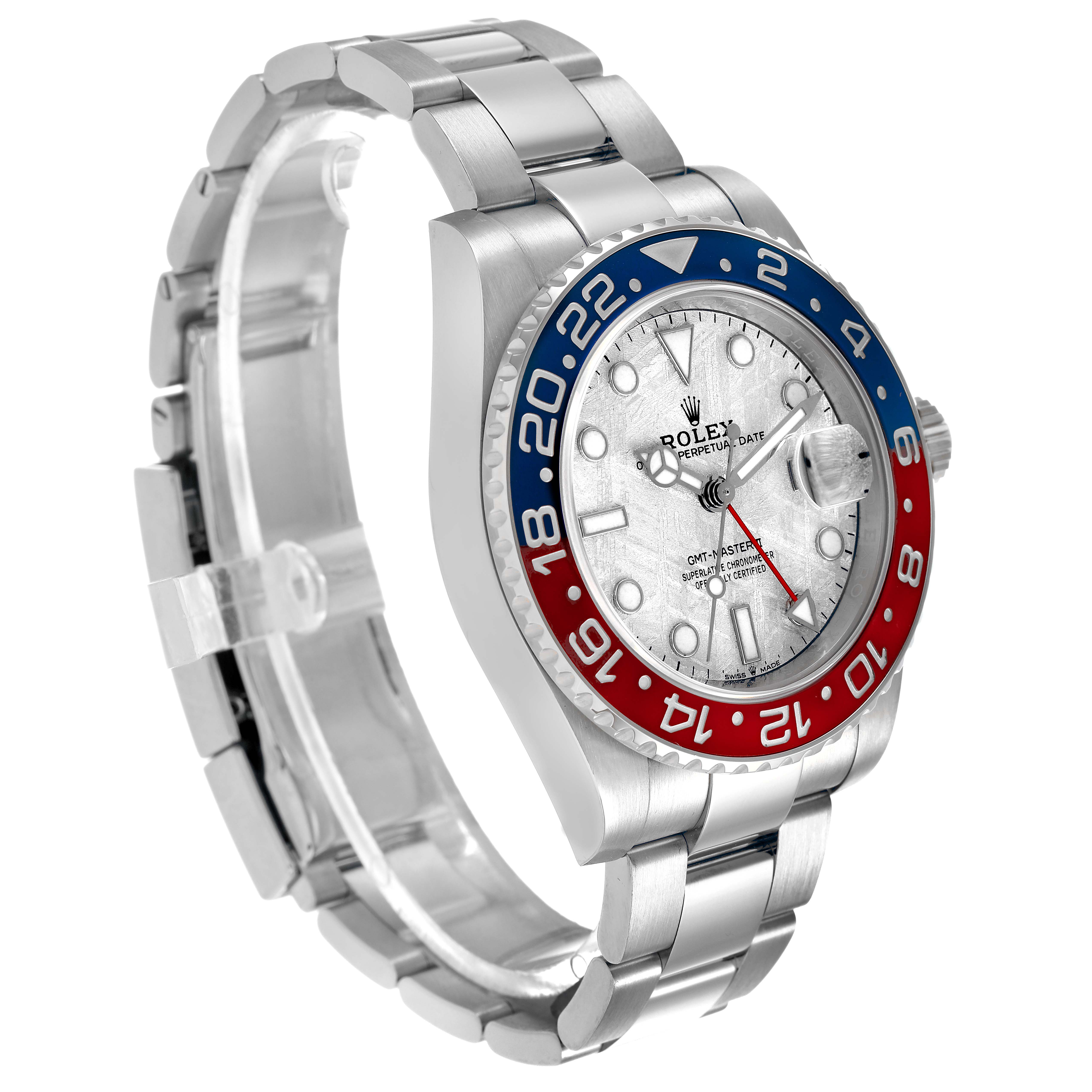 The Rolex GMT-Master 126719BLRO Men's White Gold Silver Dial is shown at a three-quarter angle, displaying the dial, bezel, and bracelet clearly.