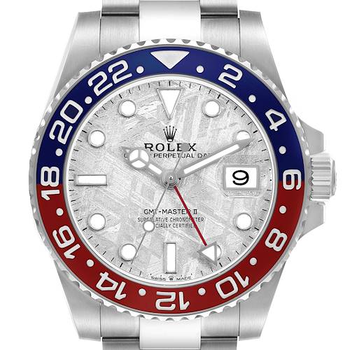 The Rolex GMT-Master 126719BLRO Men's White Gold Silver Dial model is shown from the front, displaying the face, bezel, and partial bracelet.