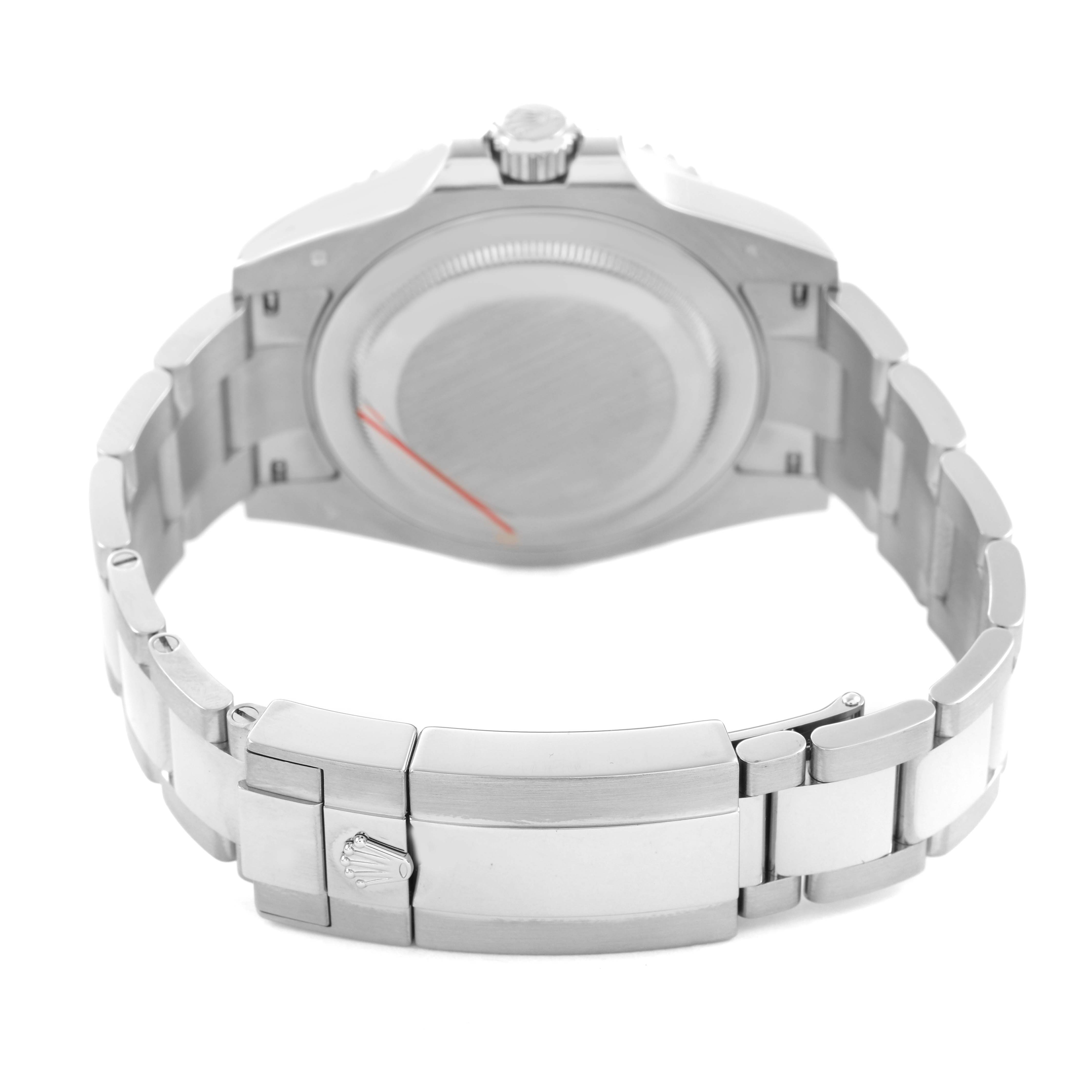 The image shows the back and bracelet of a Rolex GMT-Master 126719BLRO Men's White Gold Silver Dial, focusing on the clasp and case back details.