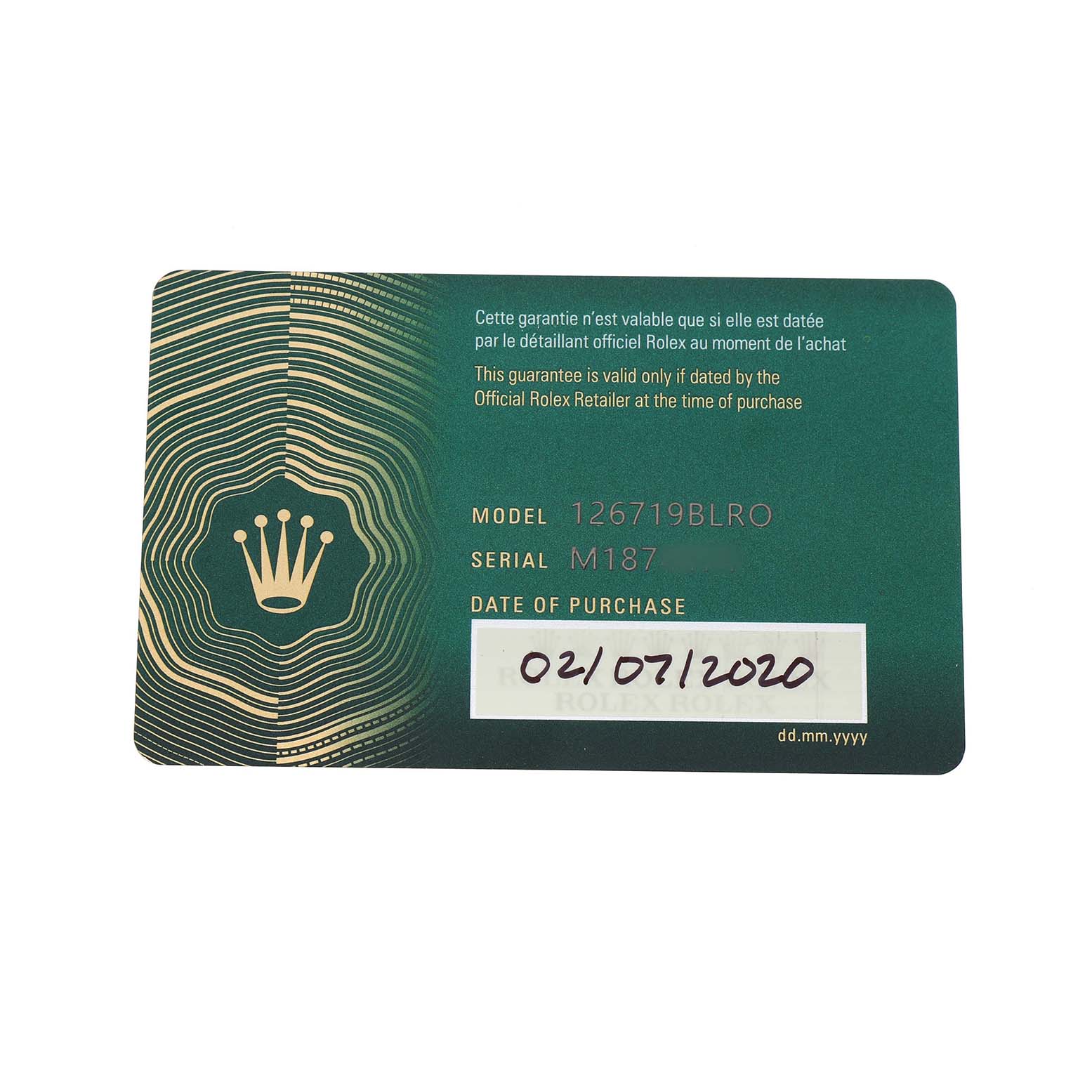 The image shows a warranty card for a Rolex GMT-Master 126719BLRO Men's White Gold Silver Dial model, with model, serial number, and purchase date details.