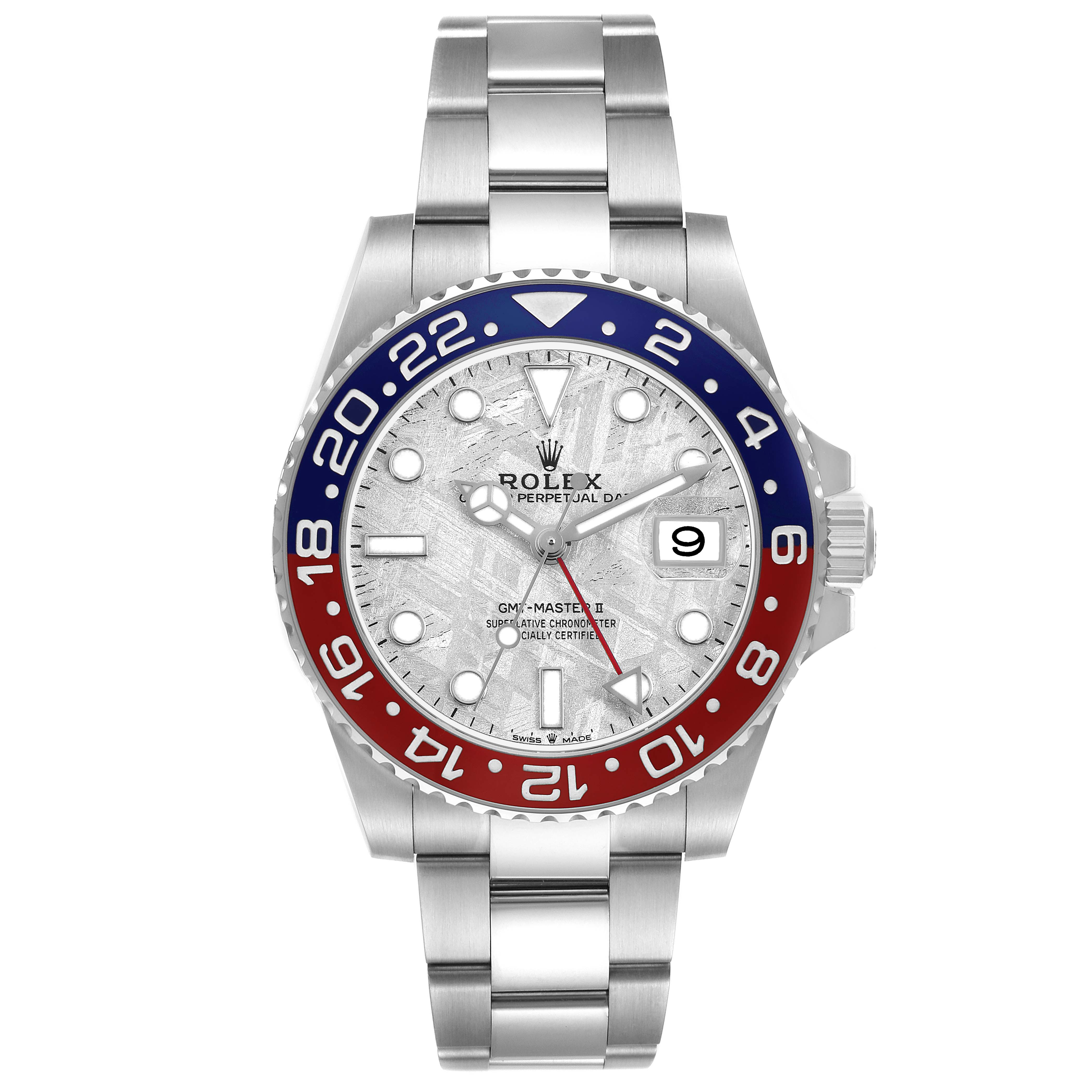 The Rolex GMT-Master 126719BLRO Men's White Gold Silver Dial watch is shown from the front, highlighting its dial, bezel, and bracelet.