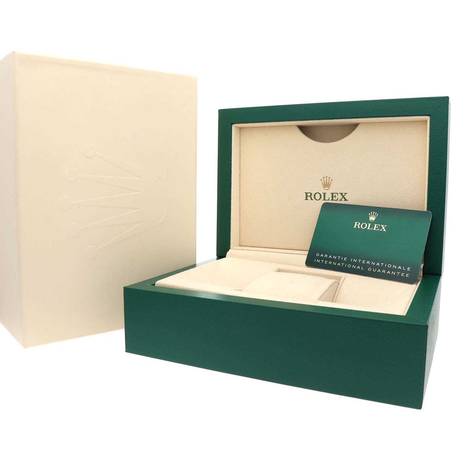 The image shows the packaging and international guarantee card for a Rolex GMT-Master 126719BLRO Men's White Gold Silver Dial watch.