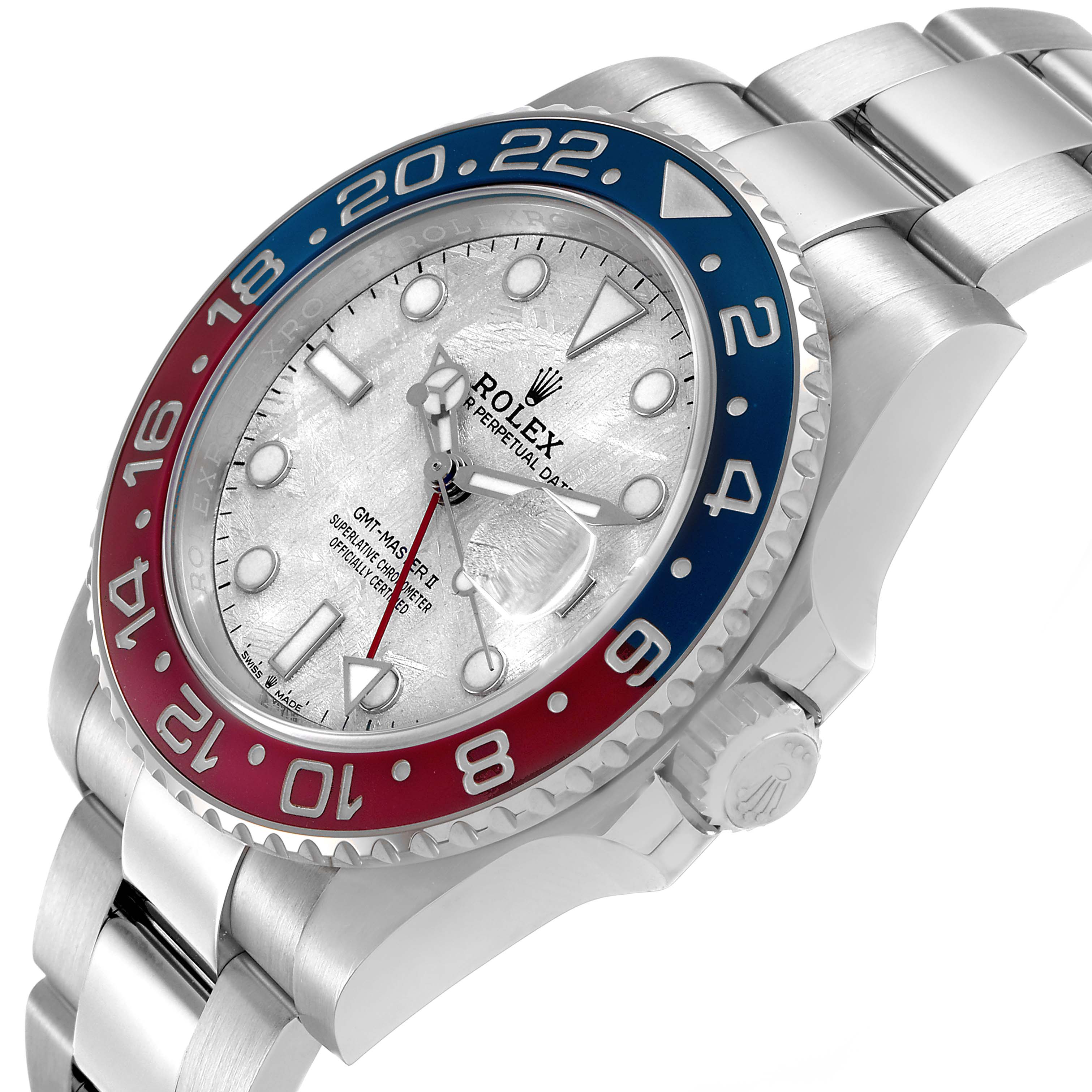 The Rolex GMT-Master 126719BLRO Men's White Gold Silver Dial watch is shown at a three-quarter angle displaying its bezel, dial, crown, and bracelet.