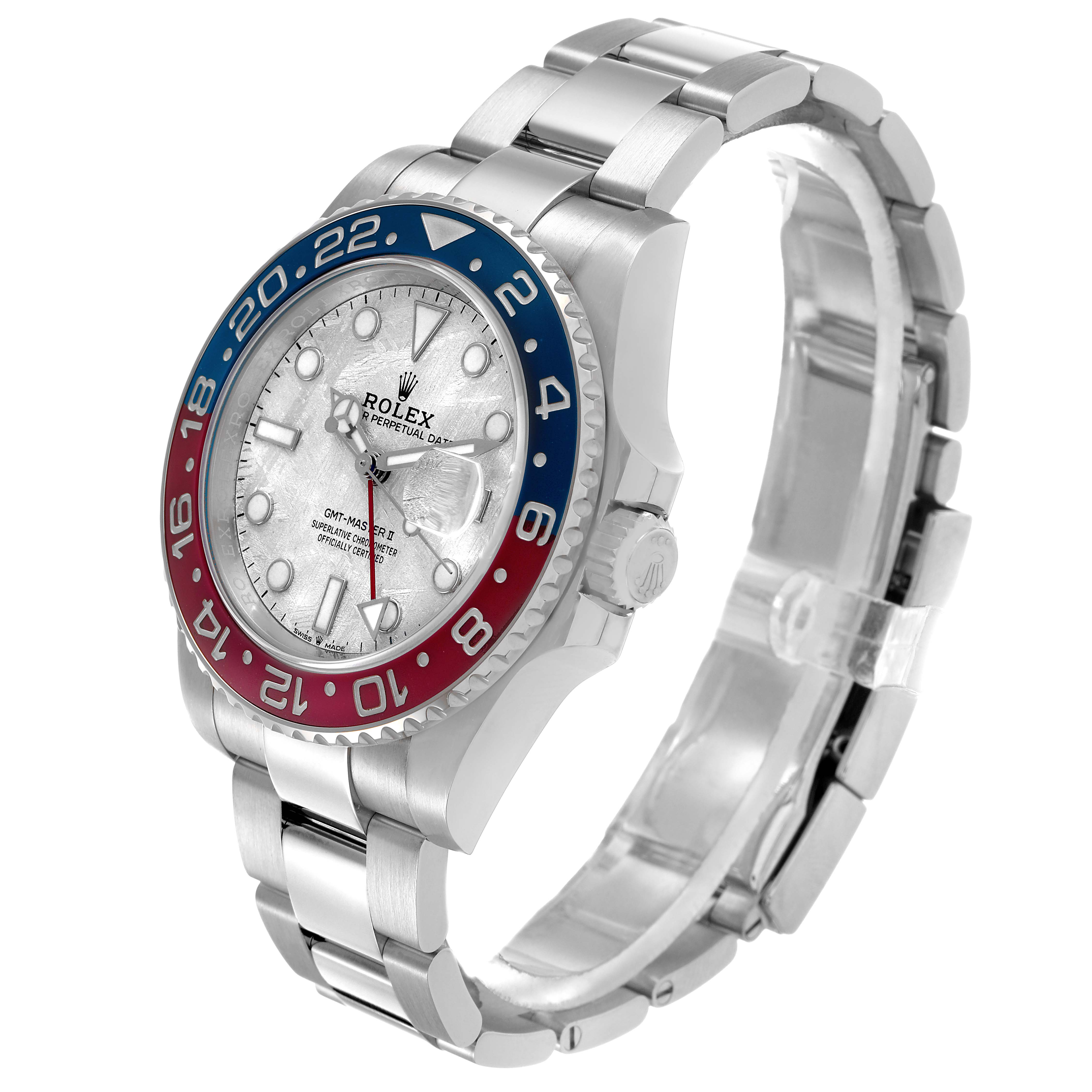 This image shows a Rolex GMT-Master 126719BLRO Men's White Gold Silver Dial watch at a three-quarter angle, highlighting the bezel, dial, and bracelet.