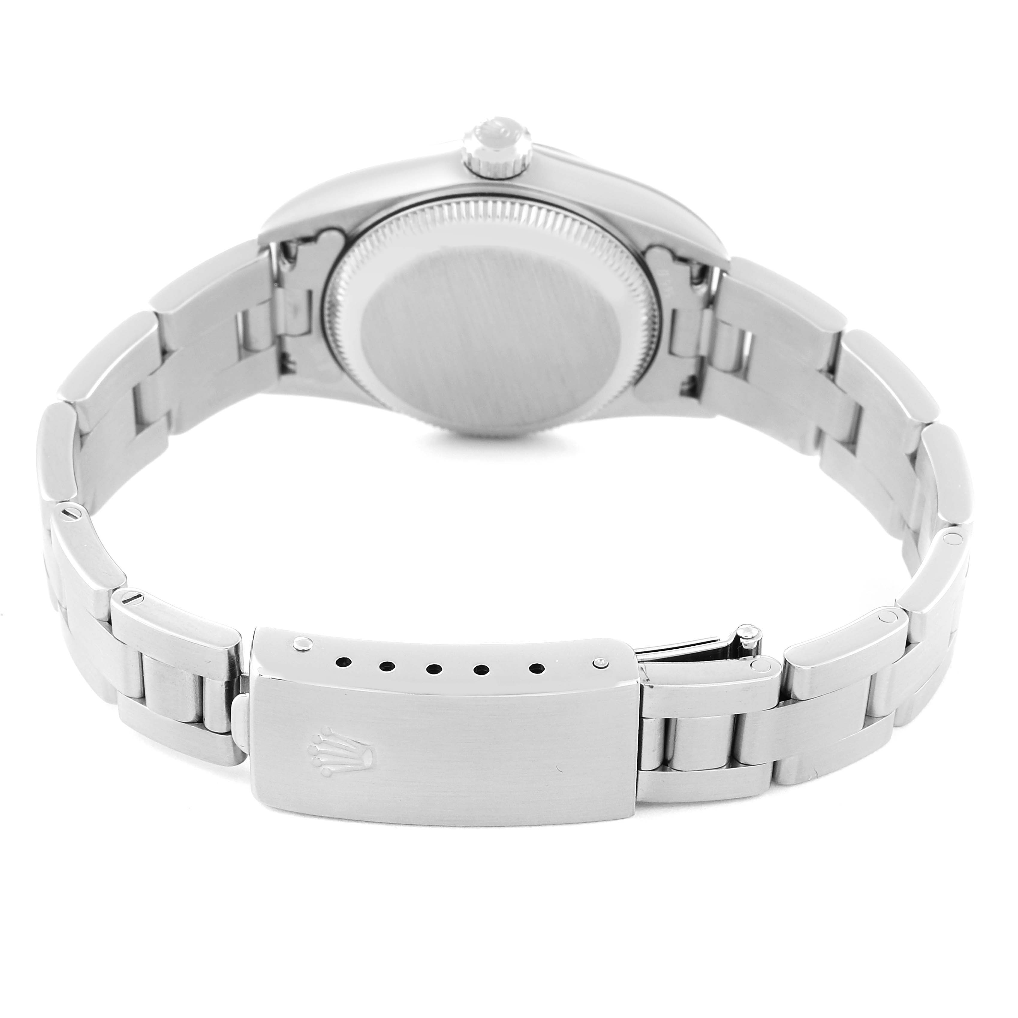 This image shows the back view of a Rolex Oyster Perpetual 76080 Women's Stainless Steel Blue Dial 76080 Women's Stainless Steel Blue Dial watch, highlighting the bracelet and clasp.