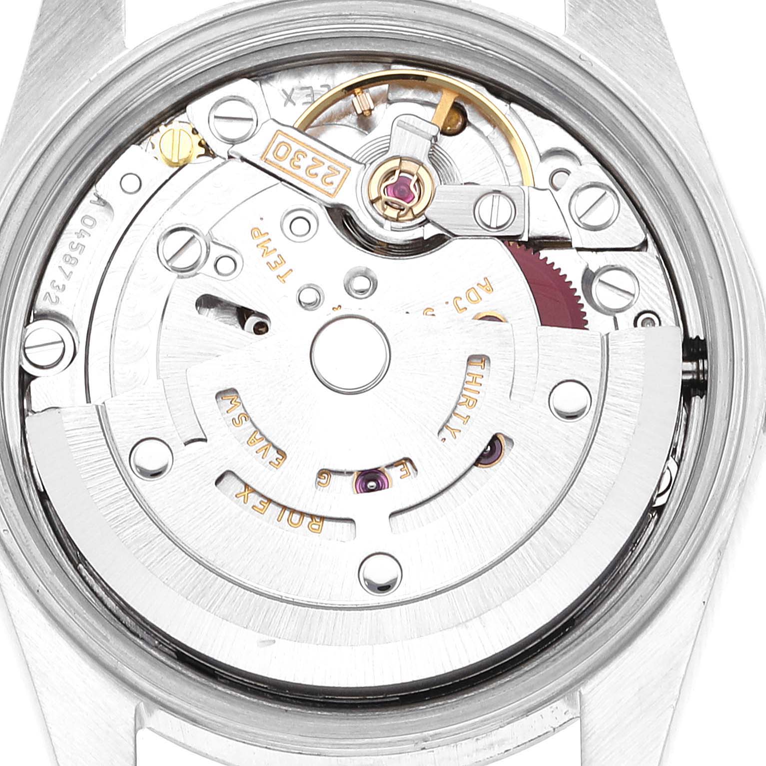 This image shows the internal mechanism of a Rolex Oyster Perpetual 76080 Women's Stainless Steel Blue Dial 76080 Women's Stainless Steel Blue Dial watch from a back view angle.