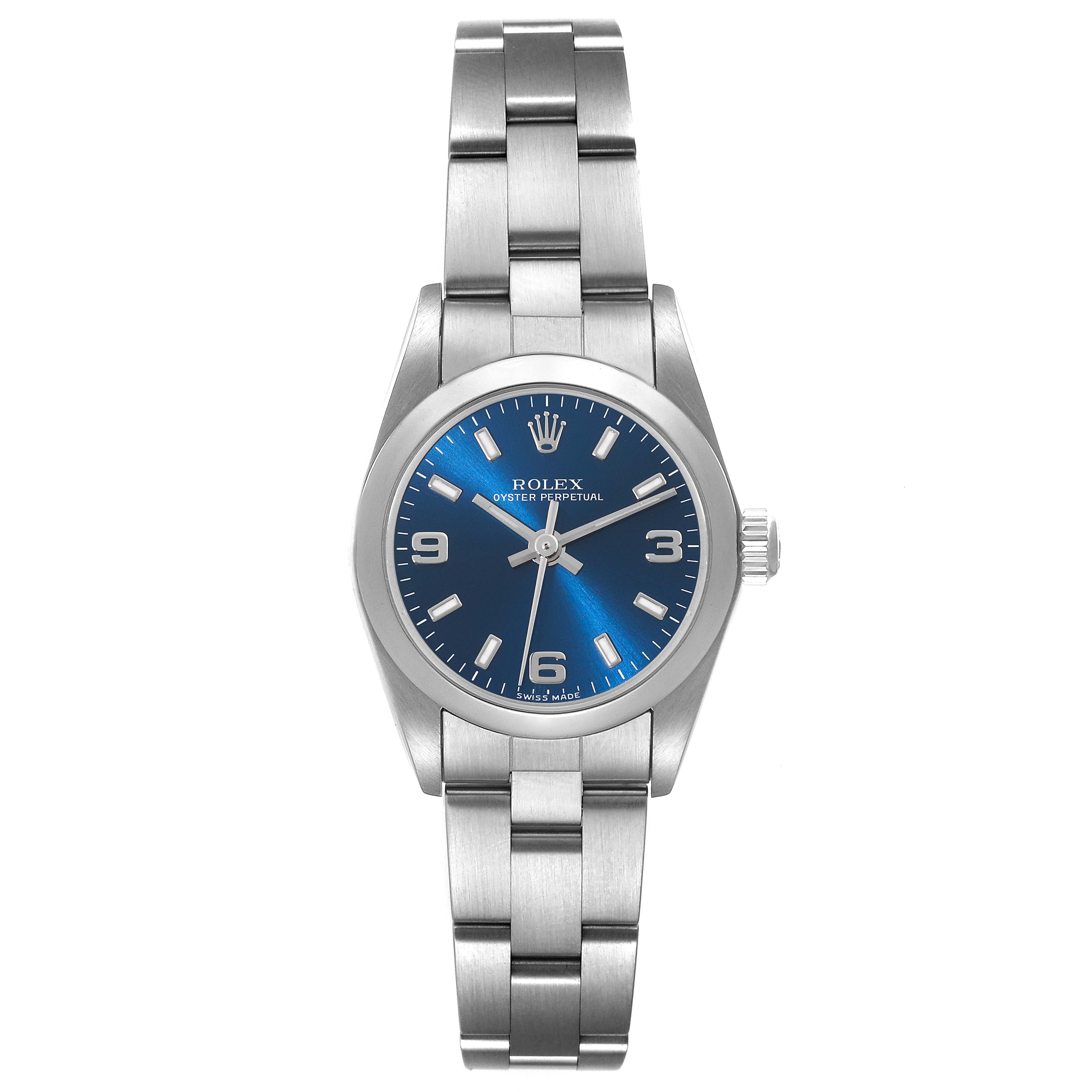 The image shows a front view of a Rolex Oyster Perpetual 76080 Women's Stainless Steel Blue Dial 76080 Women's Stainless Steel Blue Dial watch displaying the dial, bracelet, and crown.