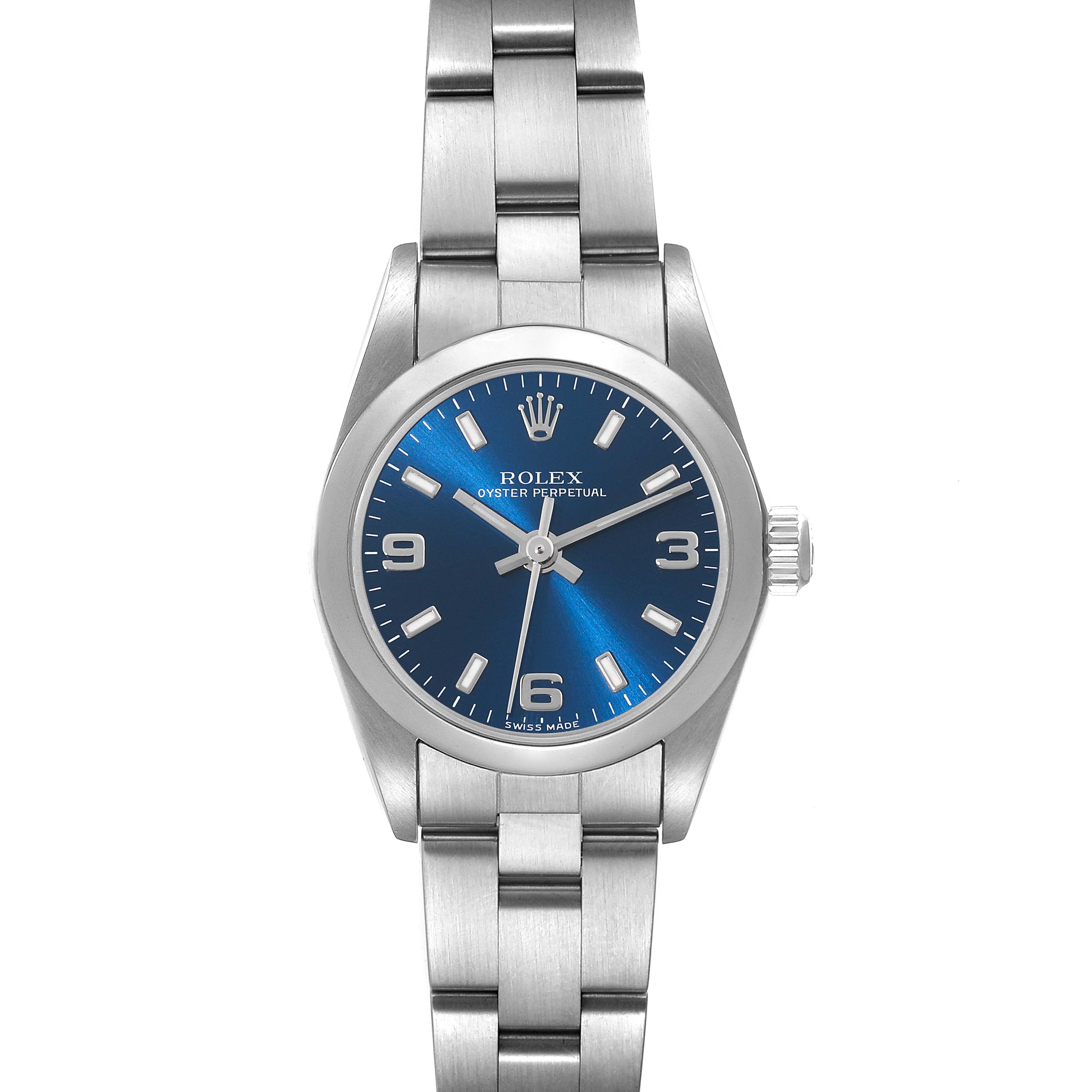 This image shows the front view of a Rolex Oyster Perpetual 76080 Women's Stainless Steel Blue Dial 76080 Women's Stainless Steel Blue Dial watch with a blue dial and metal bracelet.