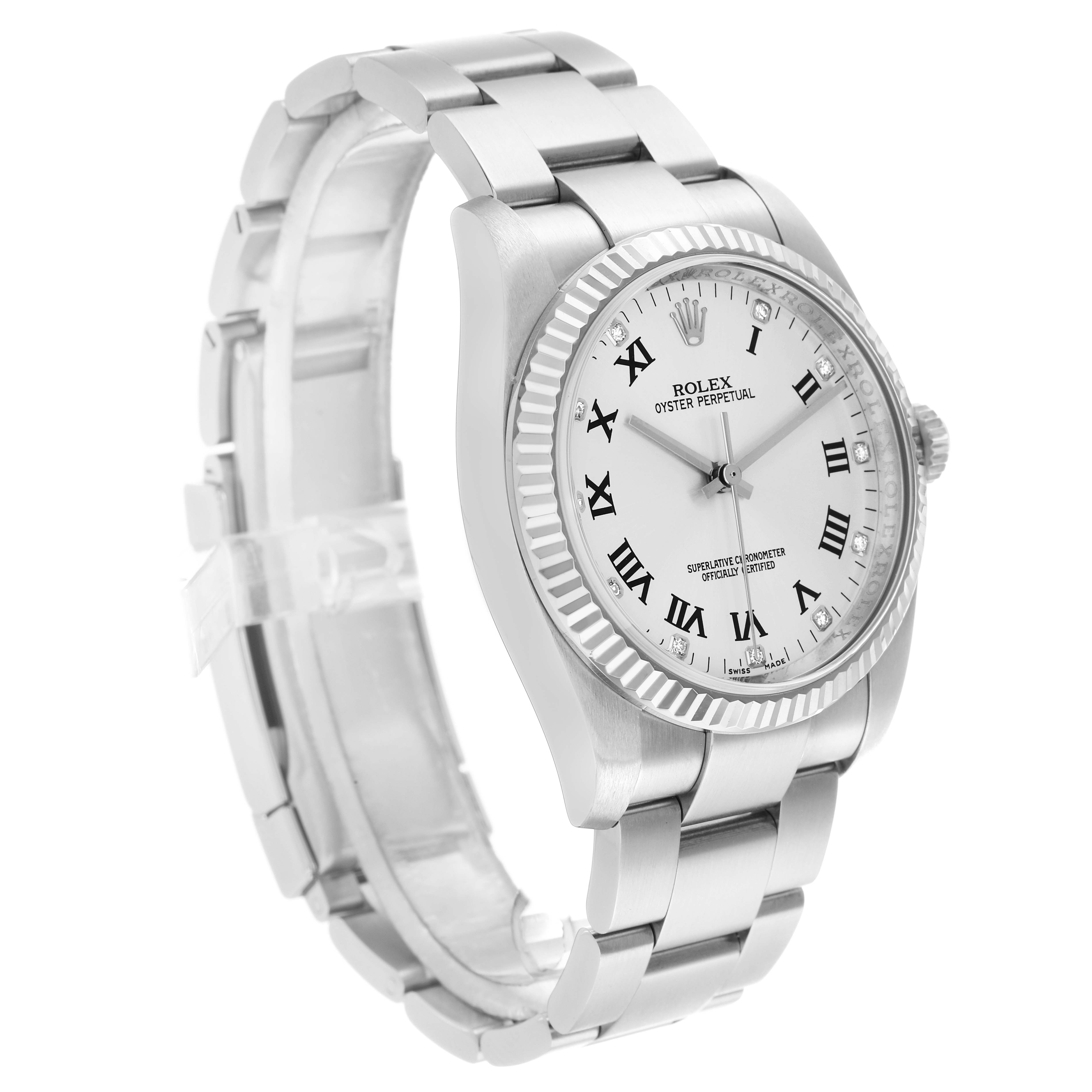 The Rolex Oyster Perpetual 116034 Men
s Stainless Steel Silver Dial watch is shown at an angled side view, displaying the face, bezel, and part of the bracelet.