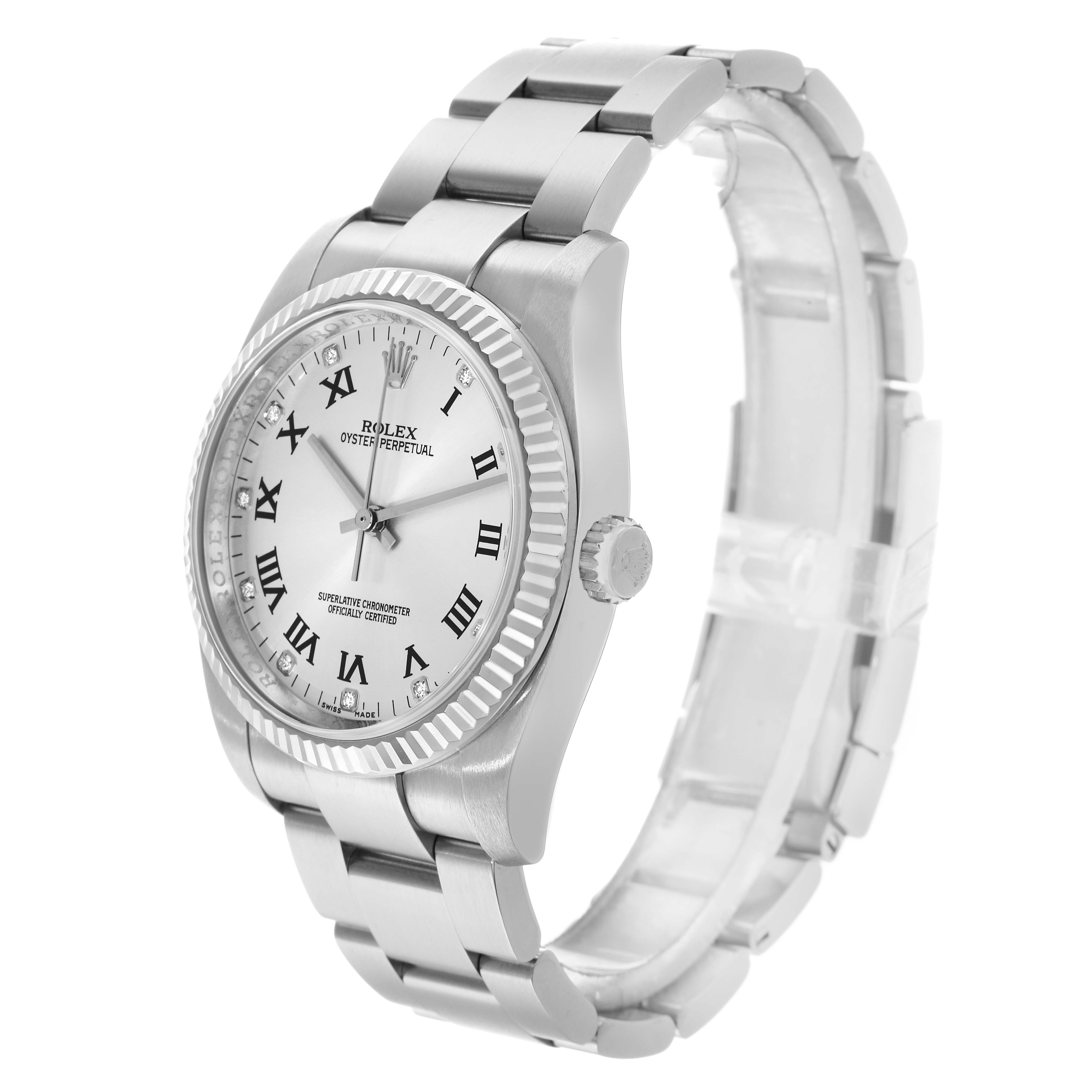 The Rolex Oyster Perpetual 116034 Men
s Stainless Steel Silver Dial watch is shown at a slight frontal angle, highlighting the face, bezel, crown, and bracelet.